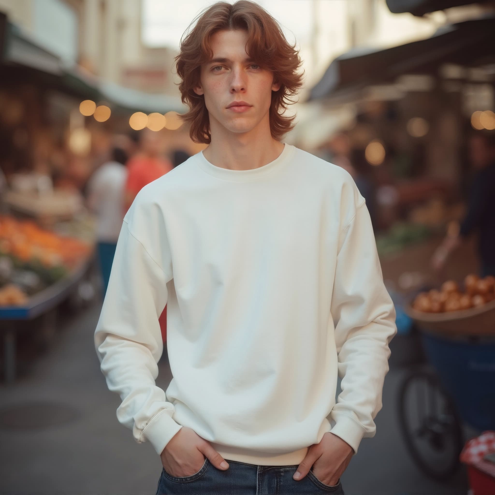 Long sleeve sweatshirt mockup a young man stands with hands in pockets at a market
