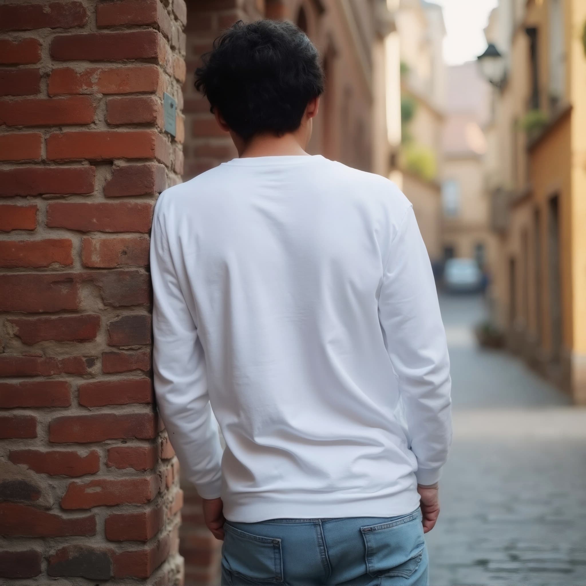Back-View long sleeve sweatshirt mockup a man leans against a wall in an alley