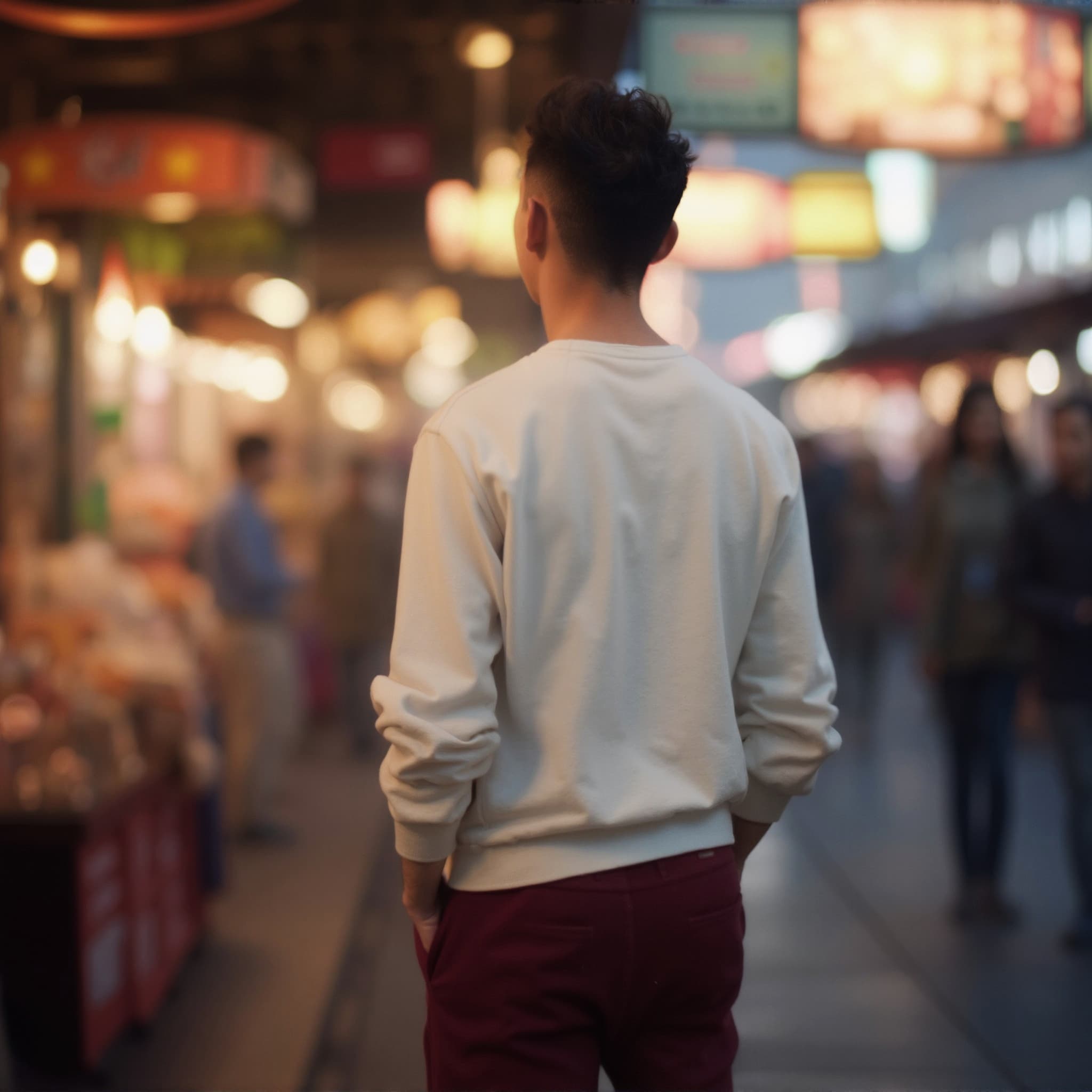 Back-View long sleeve sweatshirt mockup a man stands with hands in pockets at a market