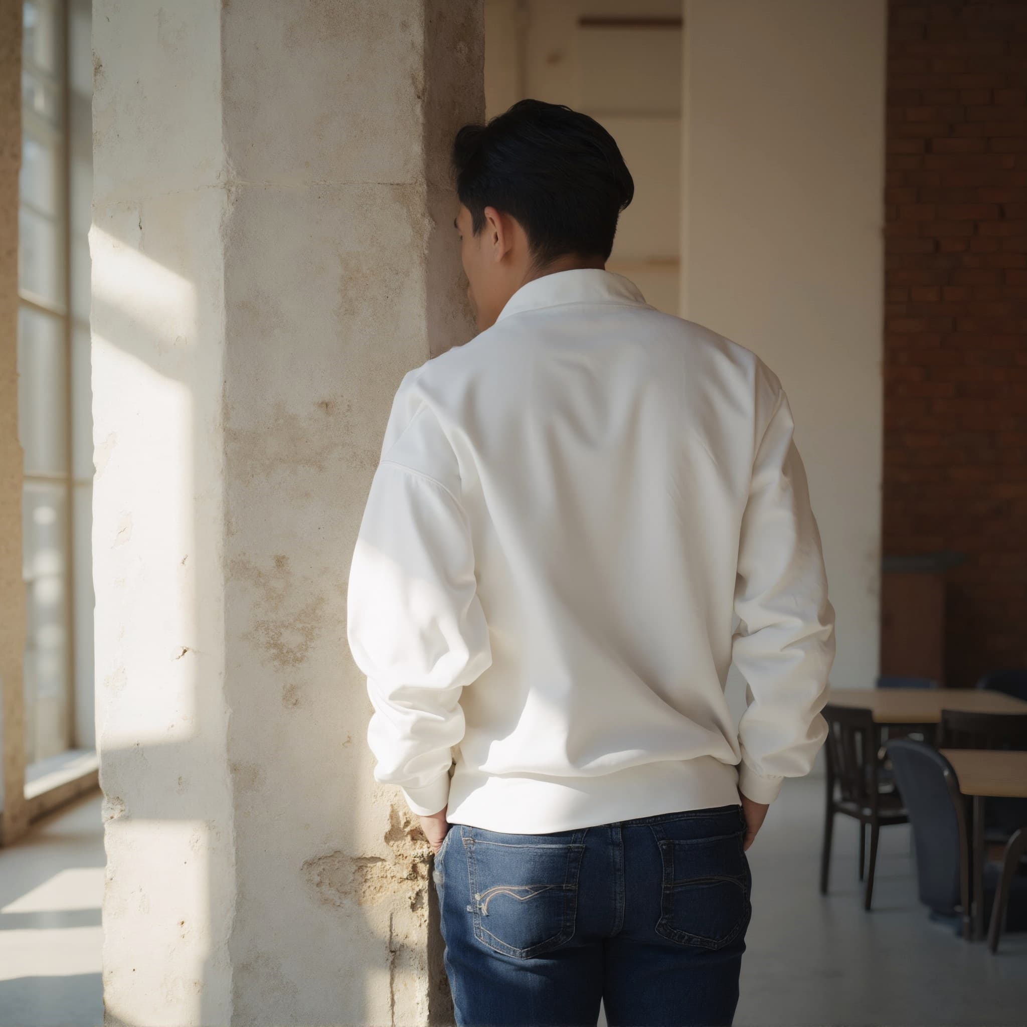Back-View long sleeve sweatshirt mockup a man stands with hands in pockets in a cafe