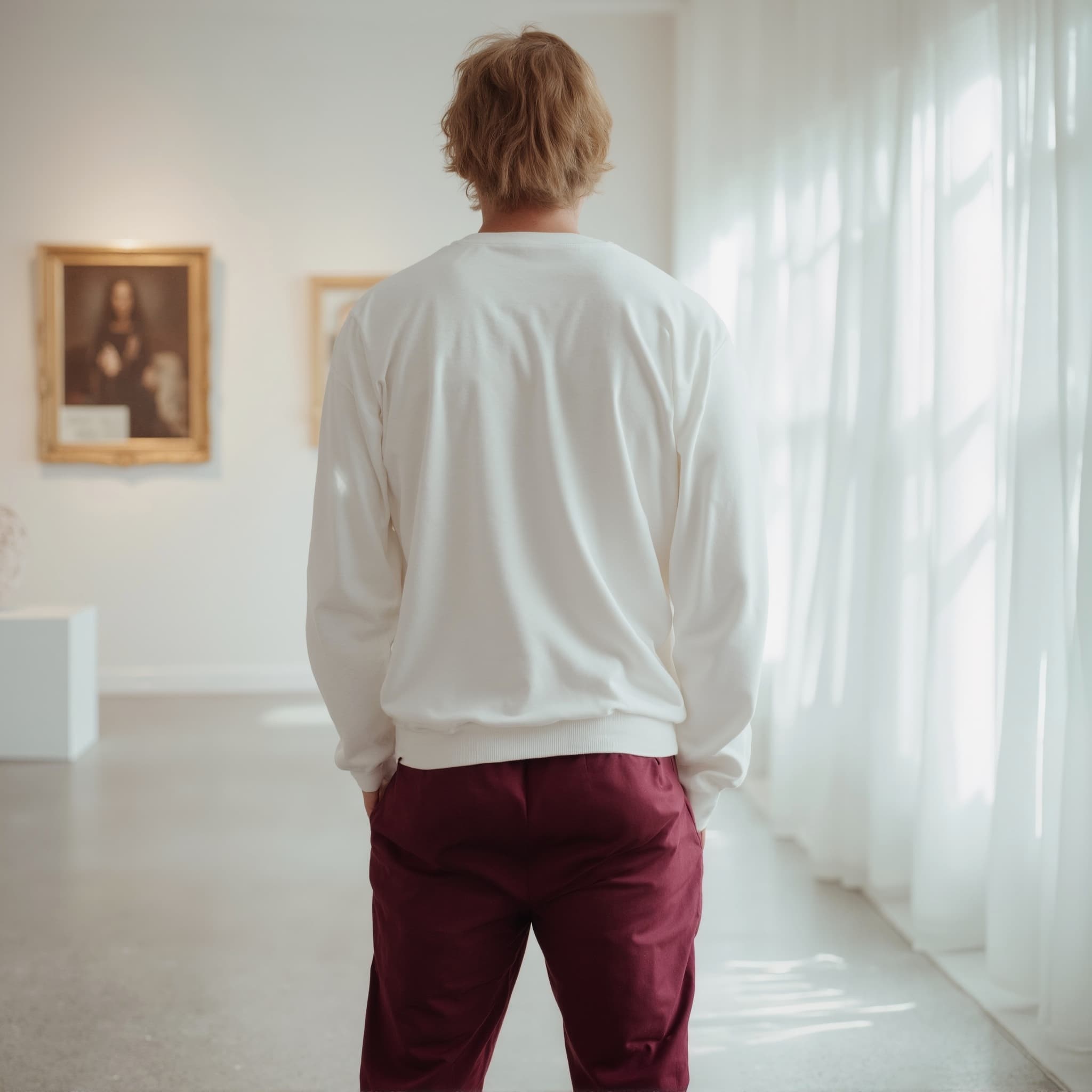 Back-View long sleeve sweatshirt mockup a man stands with hands in pockets in an art galler