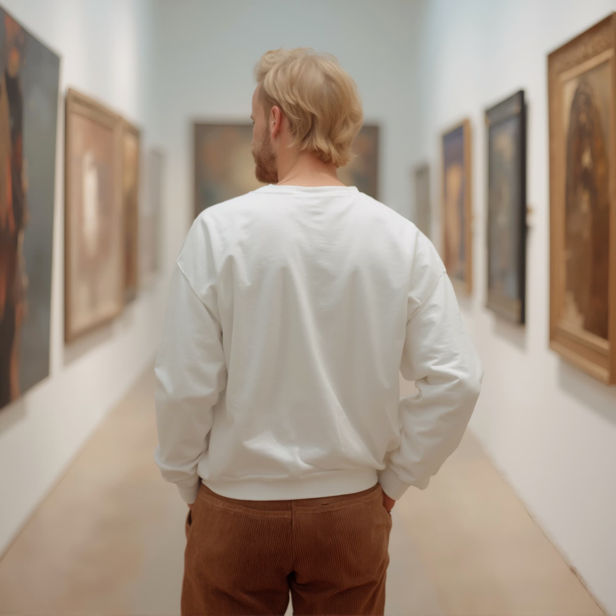 Back-View long sleeve sweatshirt mockup a man stands with hands in pockets in an art gallery