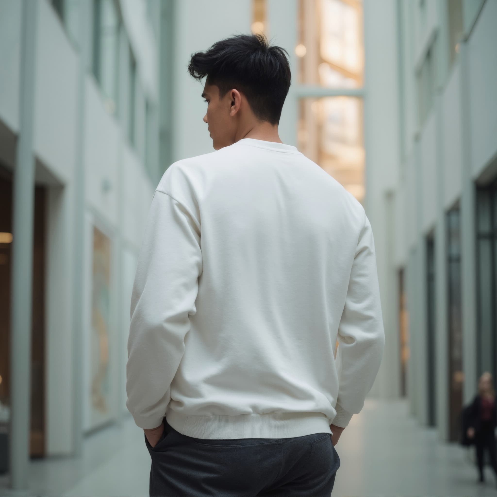Back-View long sleeve sweatshirt mockup a man stands with hands in pockets indoor