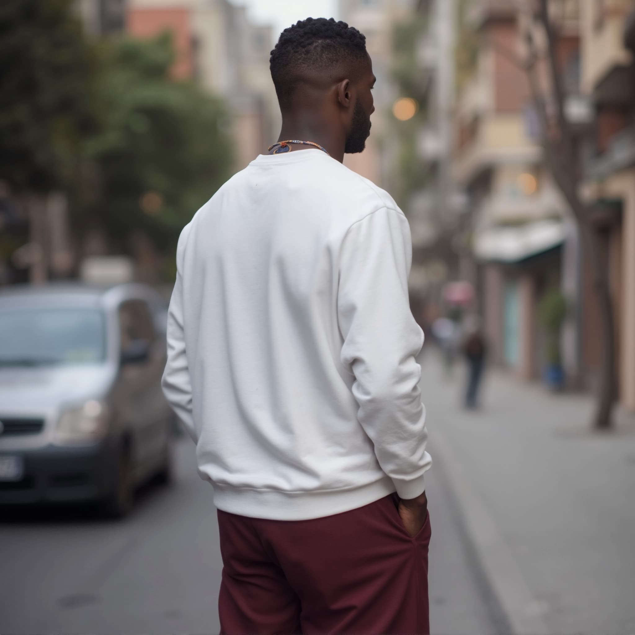 Back-View long sleeve sweatshirt mockup a man stands with hands in pockets on a city street