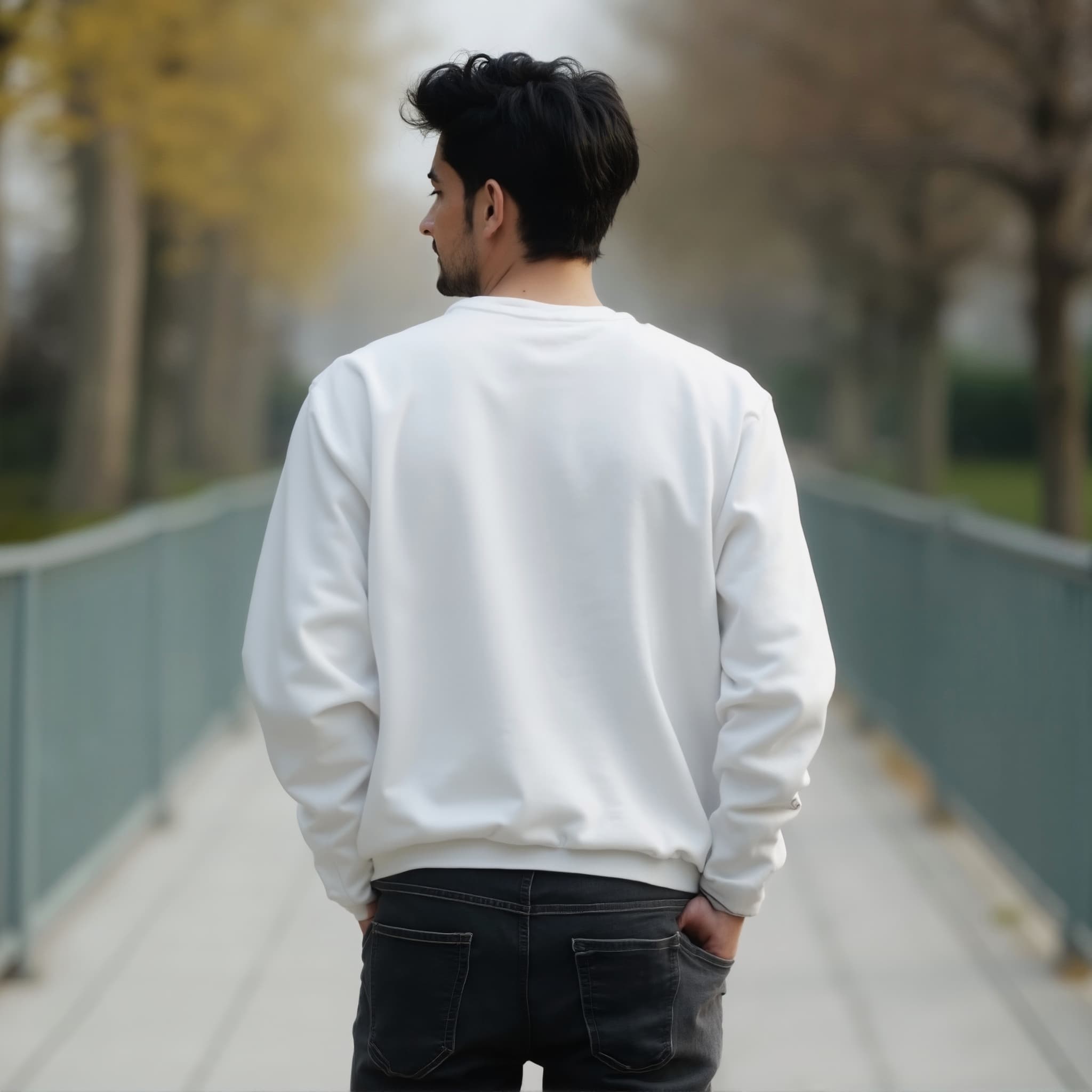 Back-View long sleeve sweatshirt mockup a man stands with hands in pockets on a path