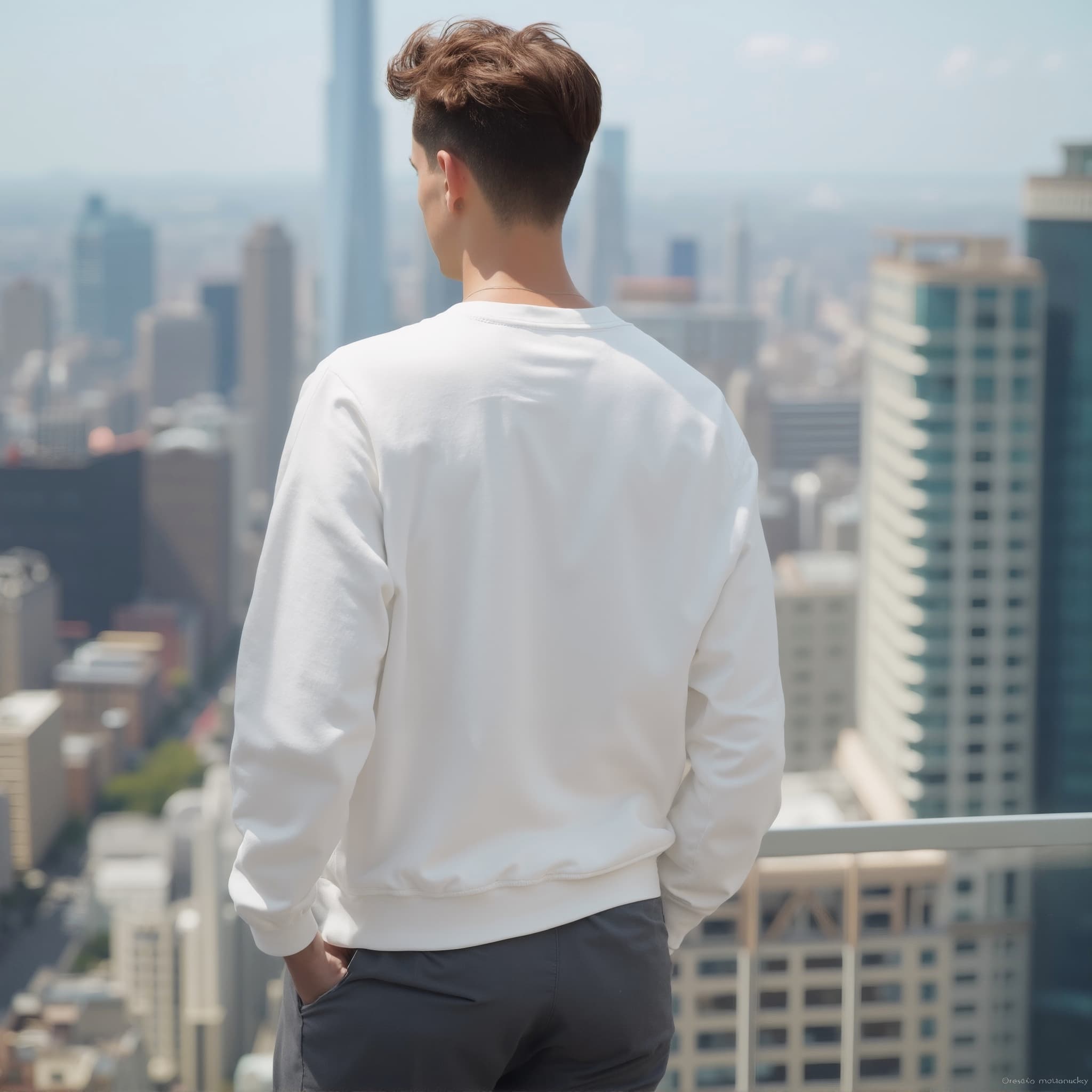 Back-View long sleeve sweatshirt mockup a man stands with hands in pockets on a rooftop
