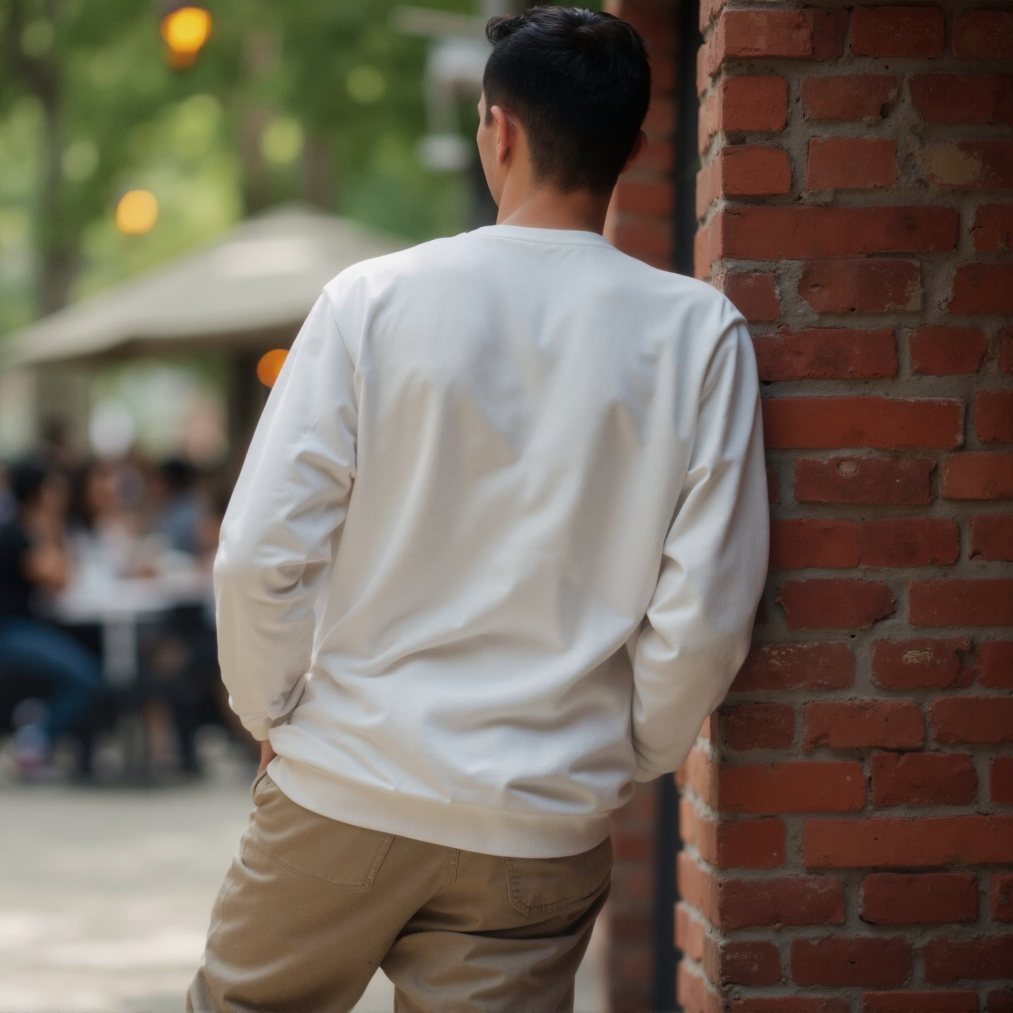 Back-View long sleeve sweatshirt mockup a man leans against a wall outside