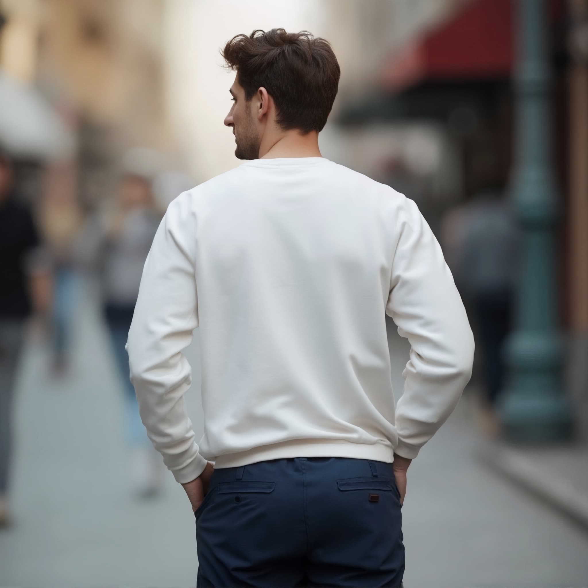 Back-View long sleeve sweatshirt mockup a man stands with hands in pockets on a street 01