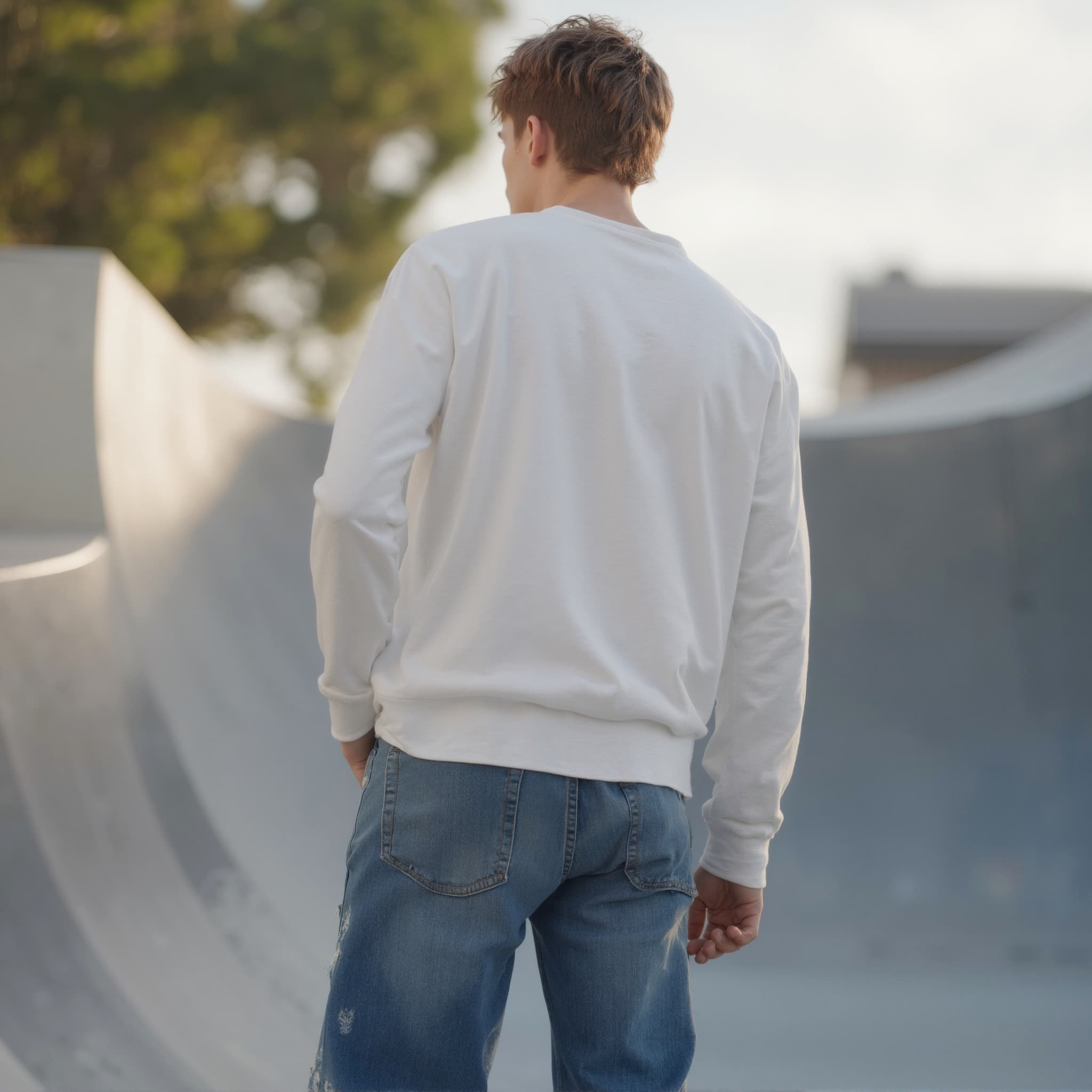 Back-View long sleeve sweatshirt mockup a man stands with hands in pockets skate park