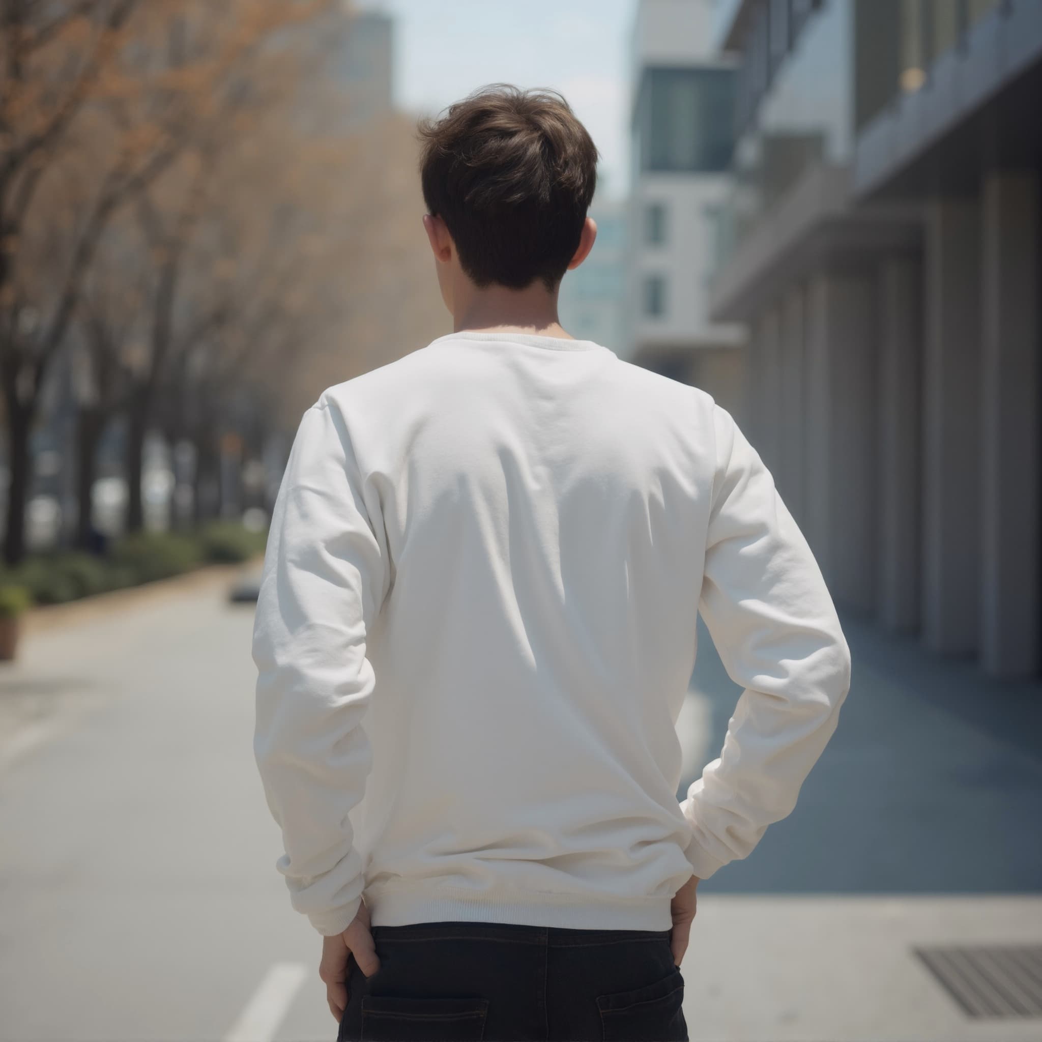 Back-View long sleeve sweatshirt mockup a man stands with hands on hips in a city