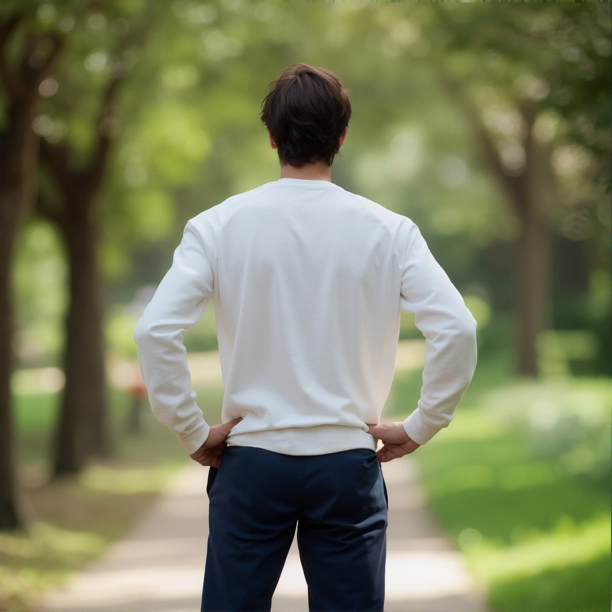 Back-View long sleeve sweatshirt mockup a man stands with hands on hips in a park