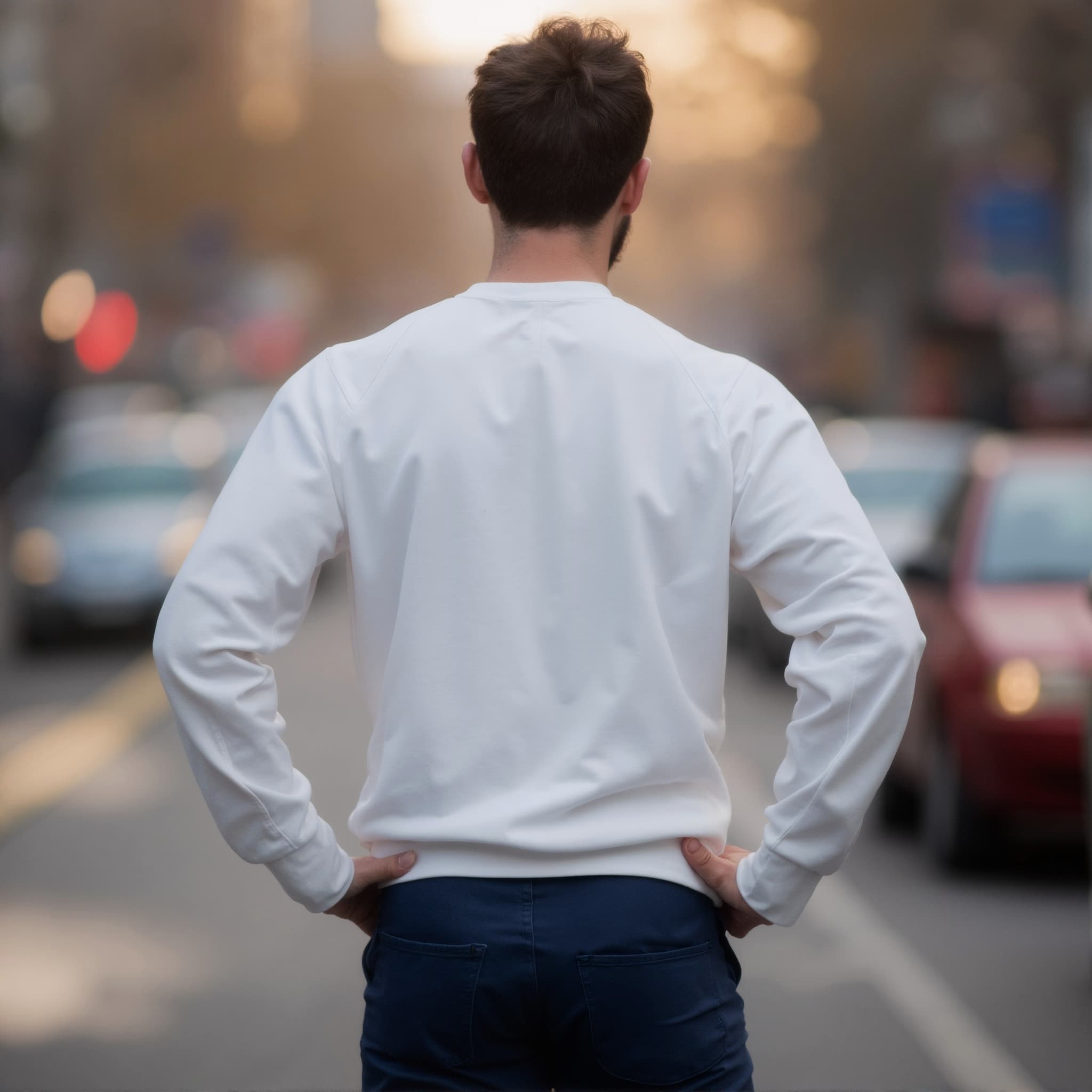 Back-View long sleeve sweatshirt mockup a man stands with hands on hips on a street 01