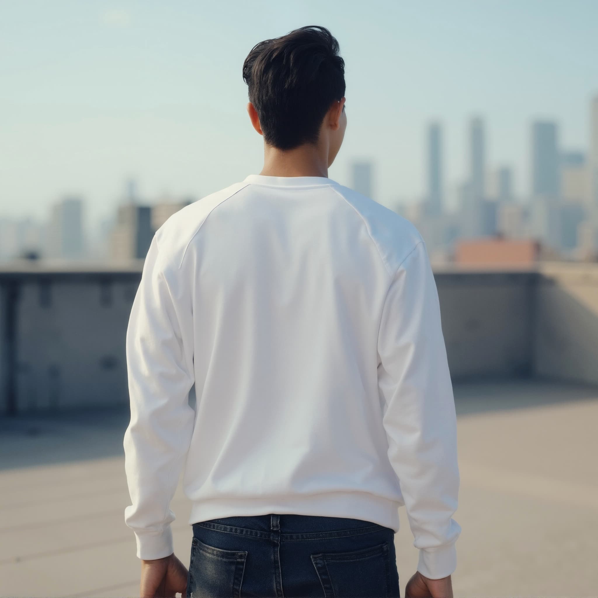 Back-View long sleeve sweatshirt mockup a man looks out on a rooftop
