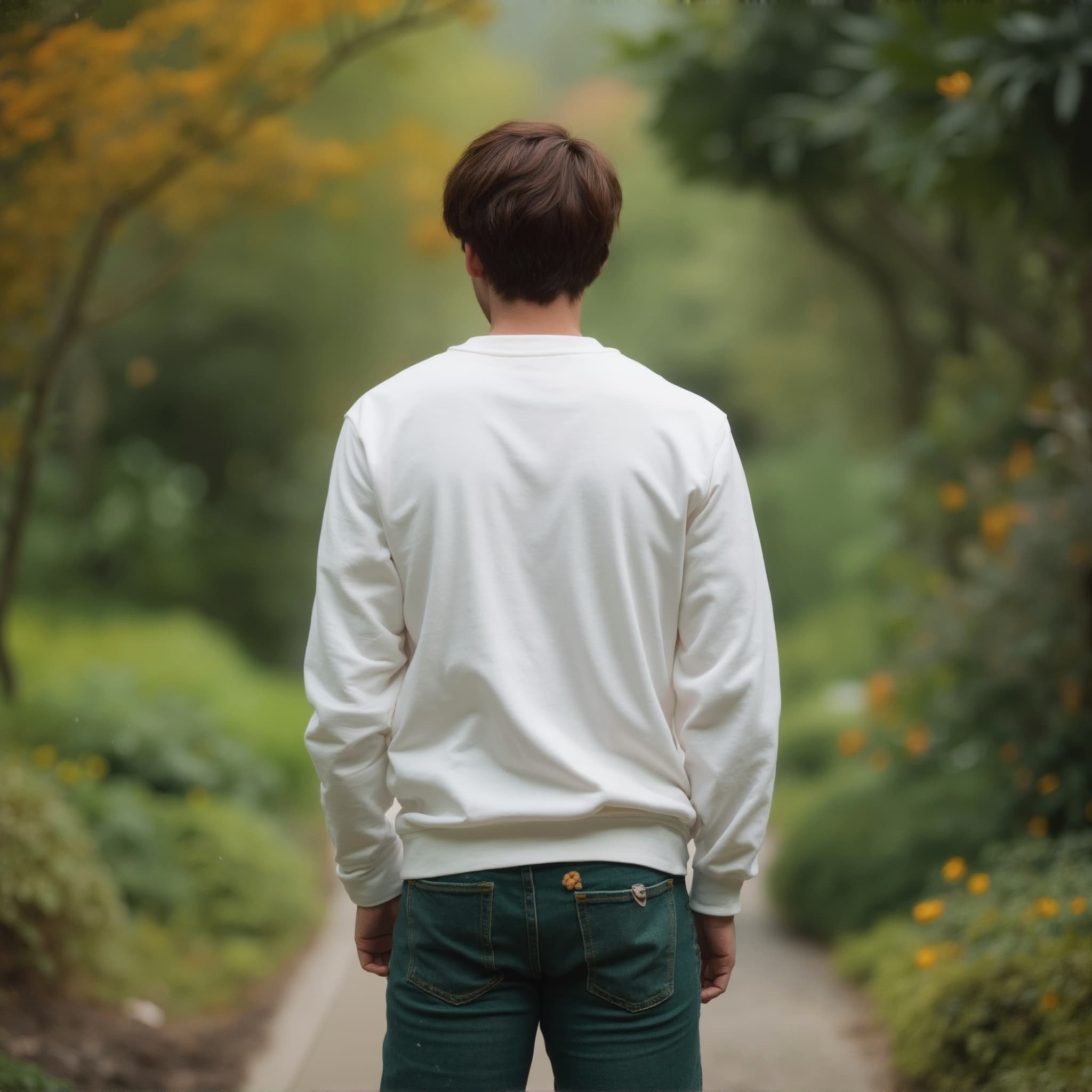 Back-View long sleeve sweatshirt mockup a man stands with short hair in a garden