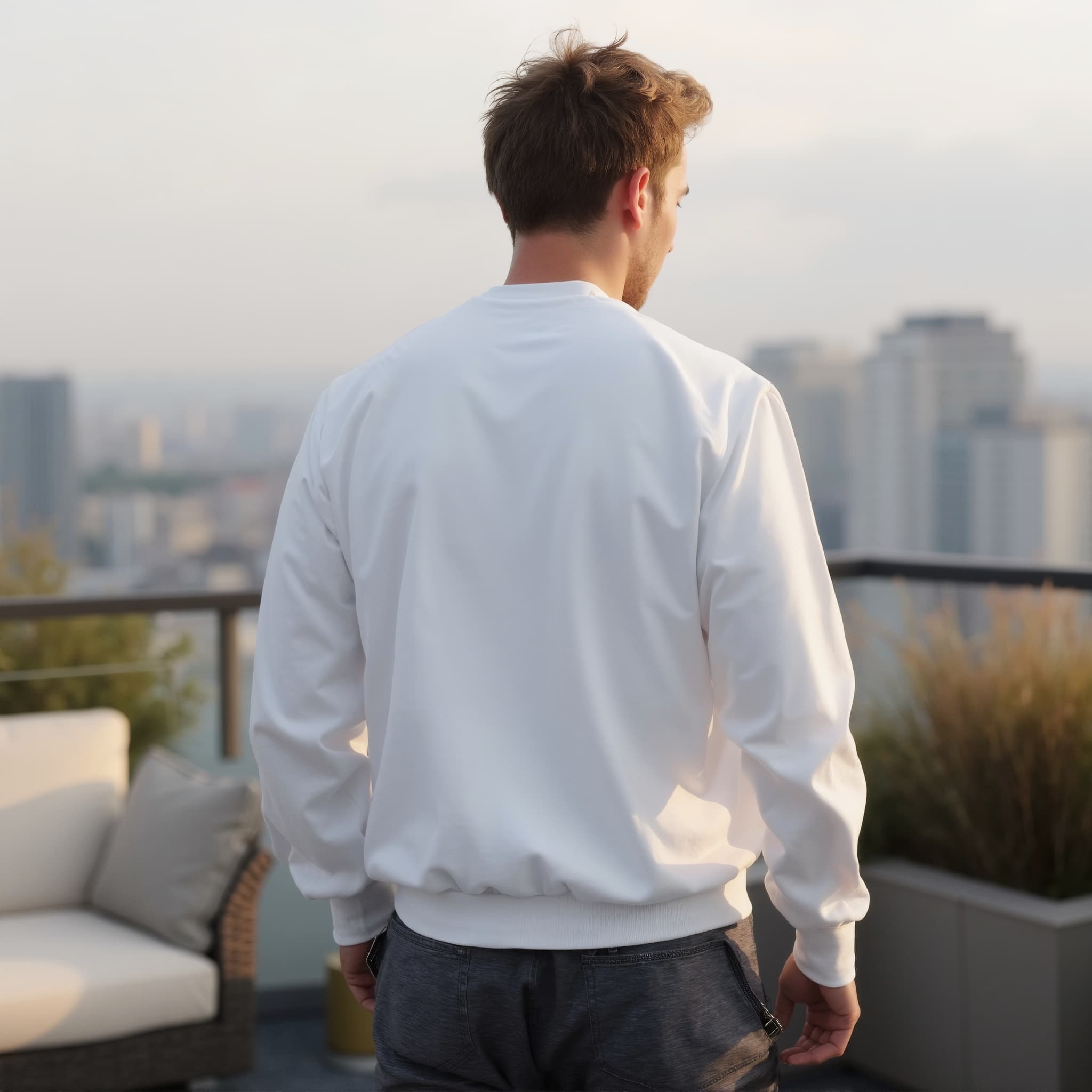 Back-View long sleeve sweatshirt mockup a man stands with short hair on a rooftop