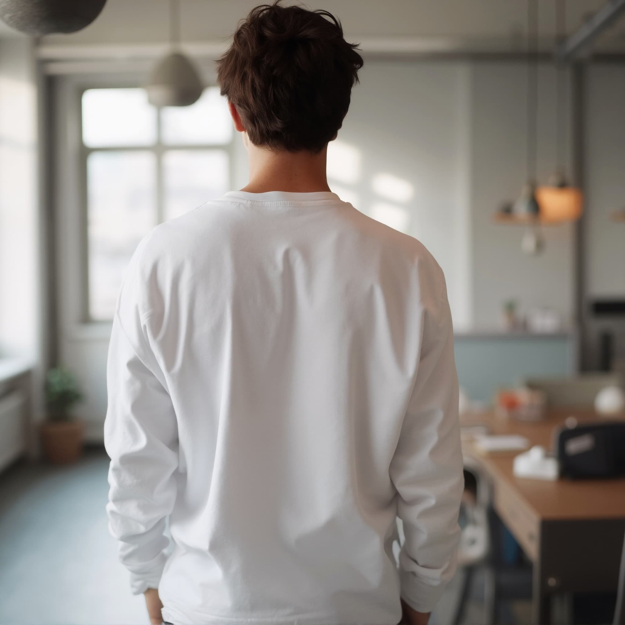Back-View long sleeve sweatshirt mockup a man stands with styled hair in a cafe