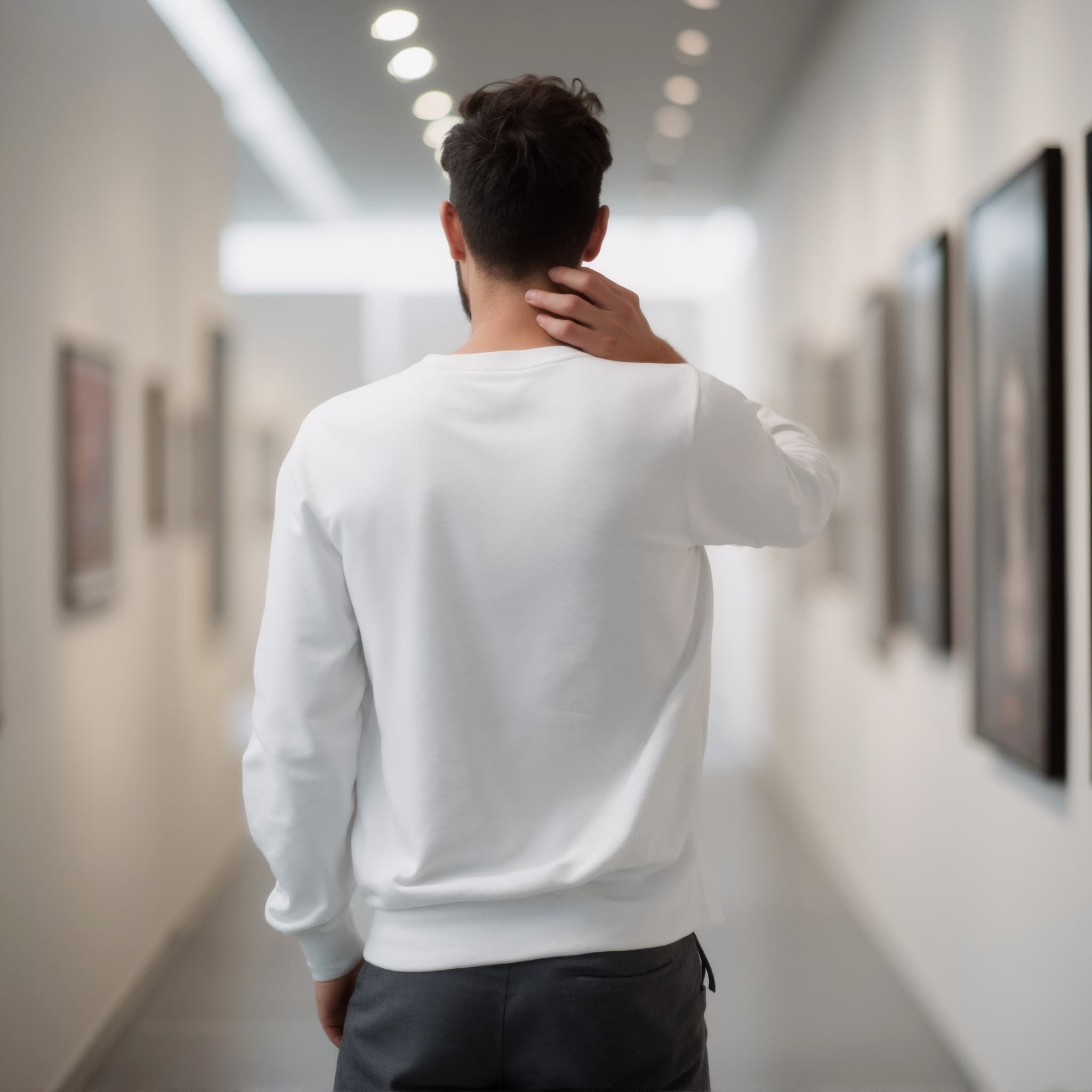 Back-View long sleeve sweatshirt mockup a man touches his neck in an art gallery