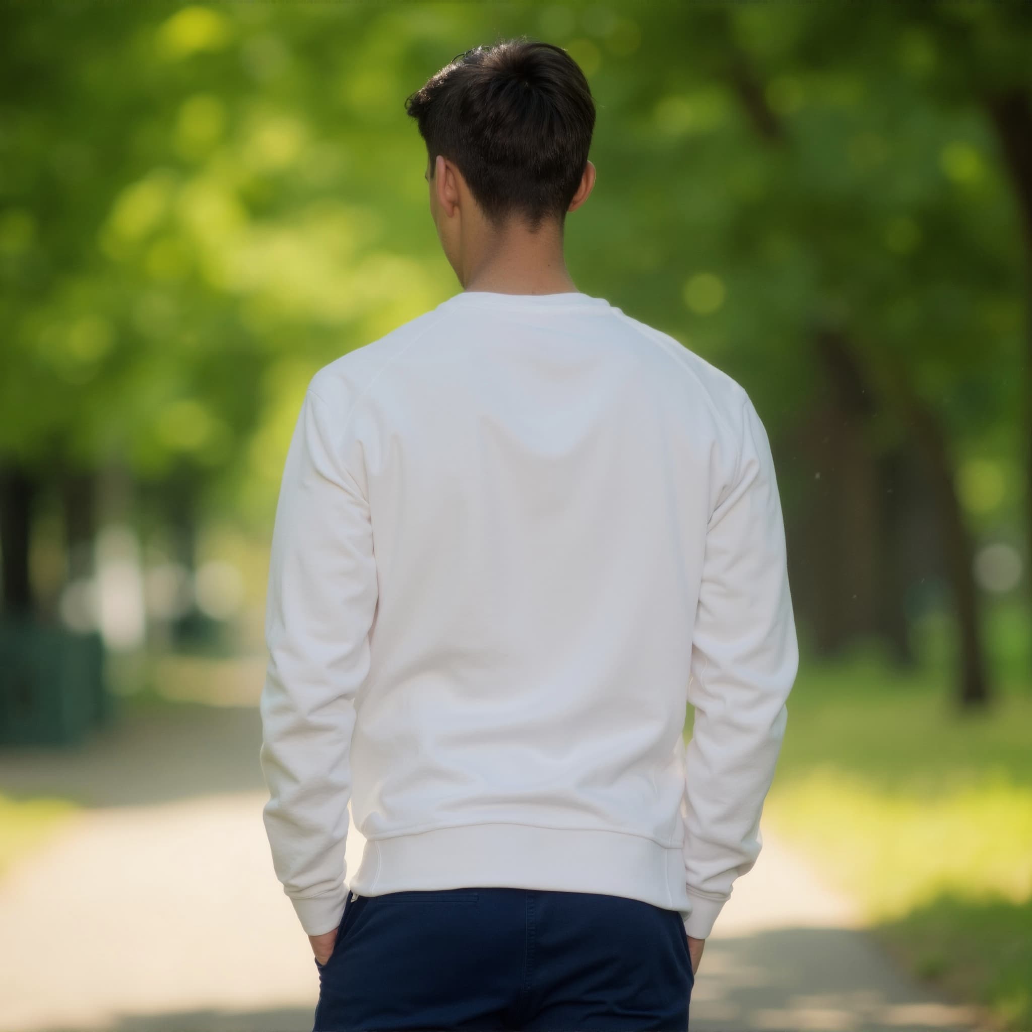 Back-View long sleeve sweatshirt mockup a man walks with hands in pockets in a park 01