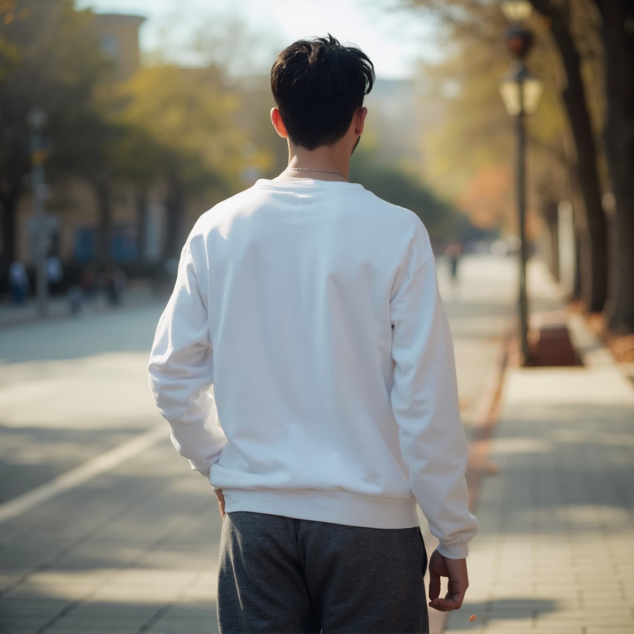 Back-View long sleeve sweatshirt mockup a man walks with hands in pockets in a park