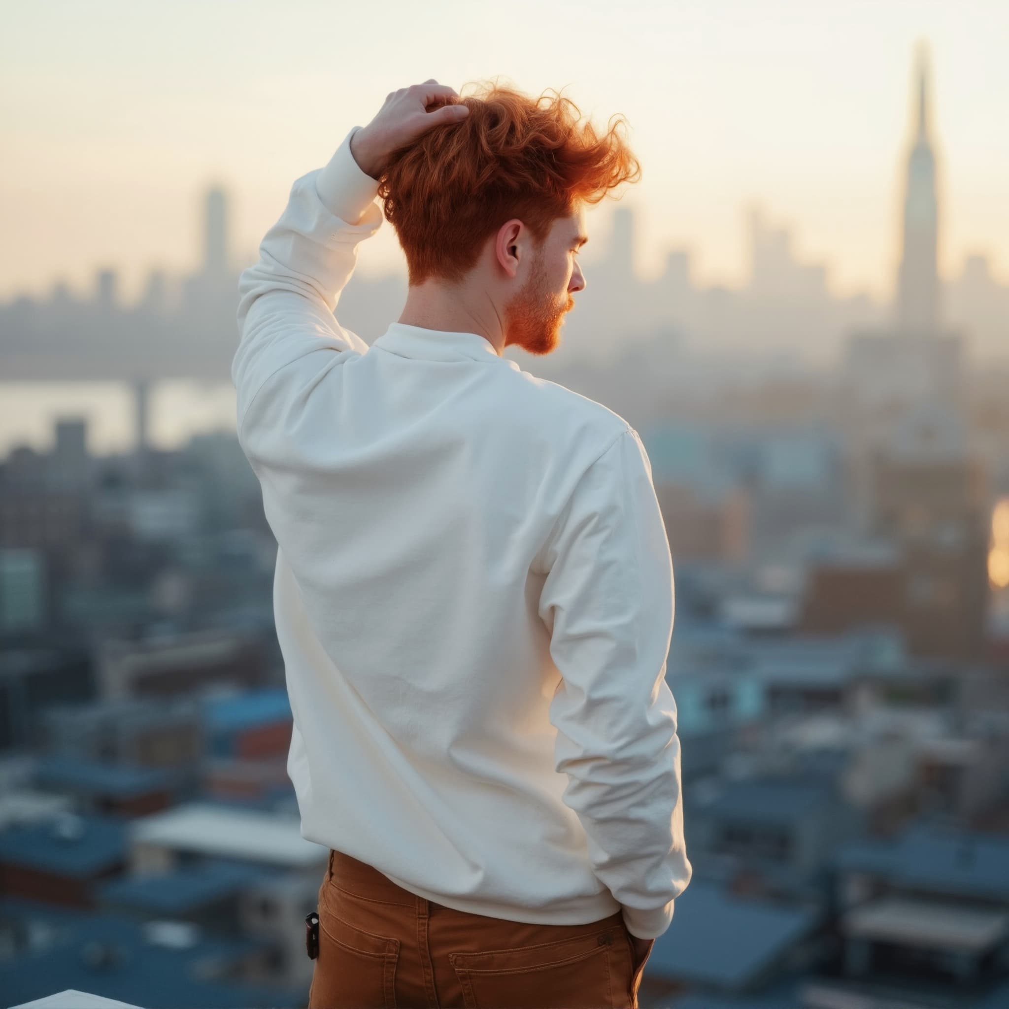 Back-View long sleeve sweatshirt mockup a man scratches his head in a cityscape