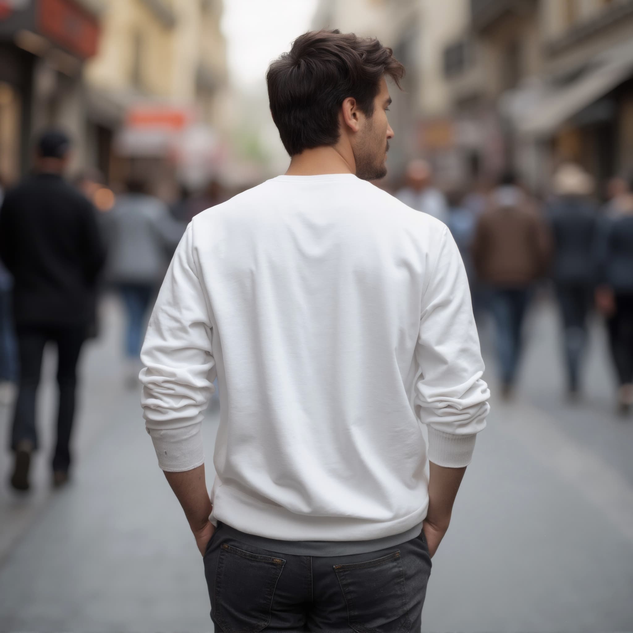 Back-View long sleeve sweatshirt mockup a man walks with hands tucked behind short hair crowded street