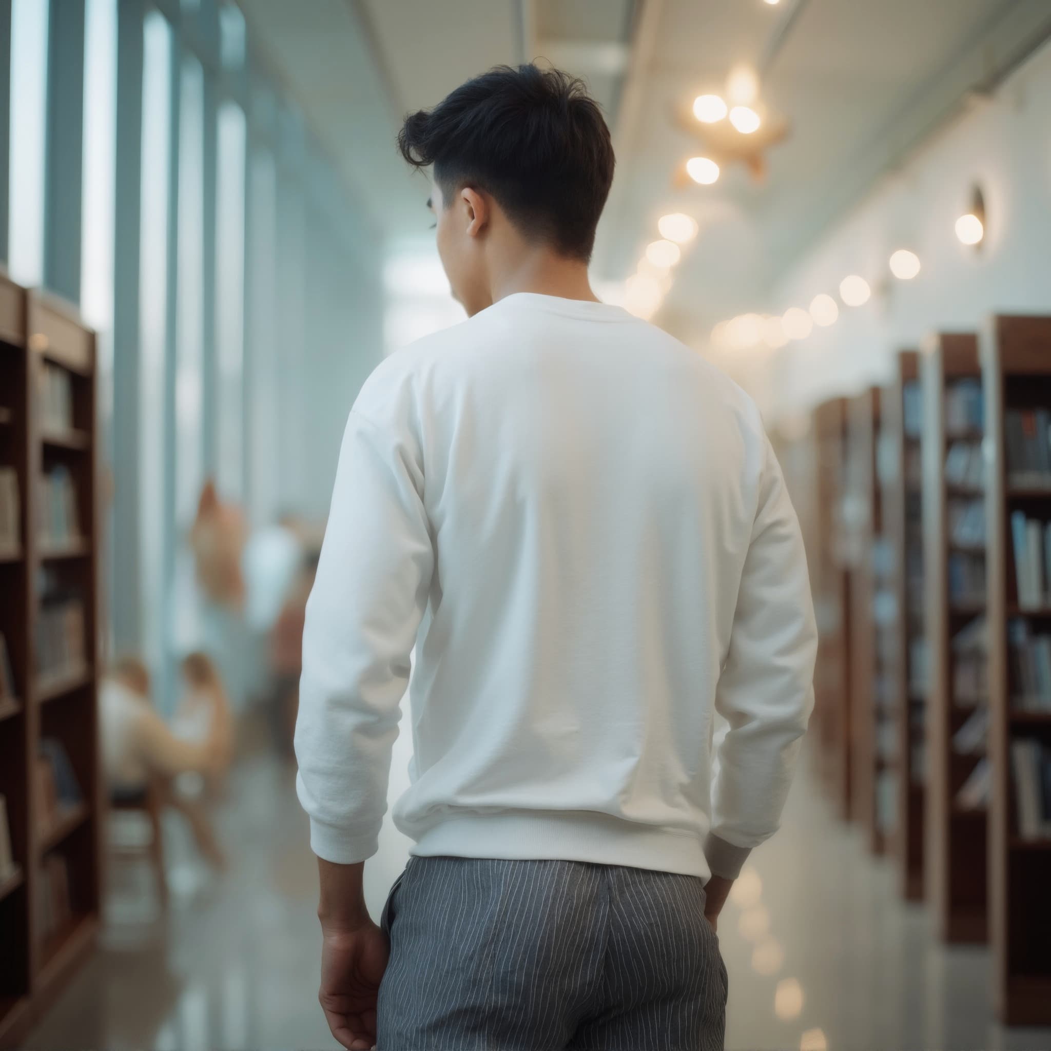 Back-View long sleeve sweatshirt mockup a man walks with short hair in a library