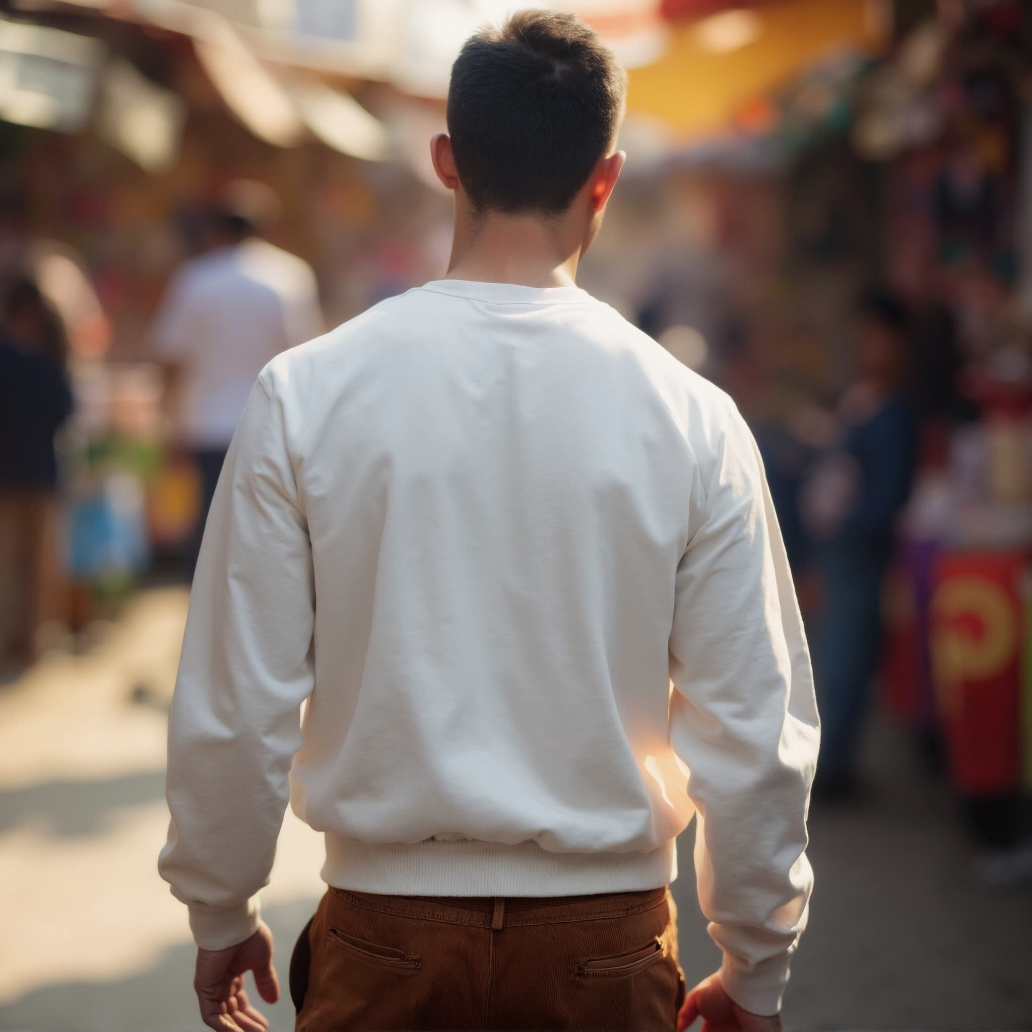 Back-View long sleeve sweatshirt mockup a man walks with short hair in a marketplace