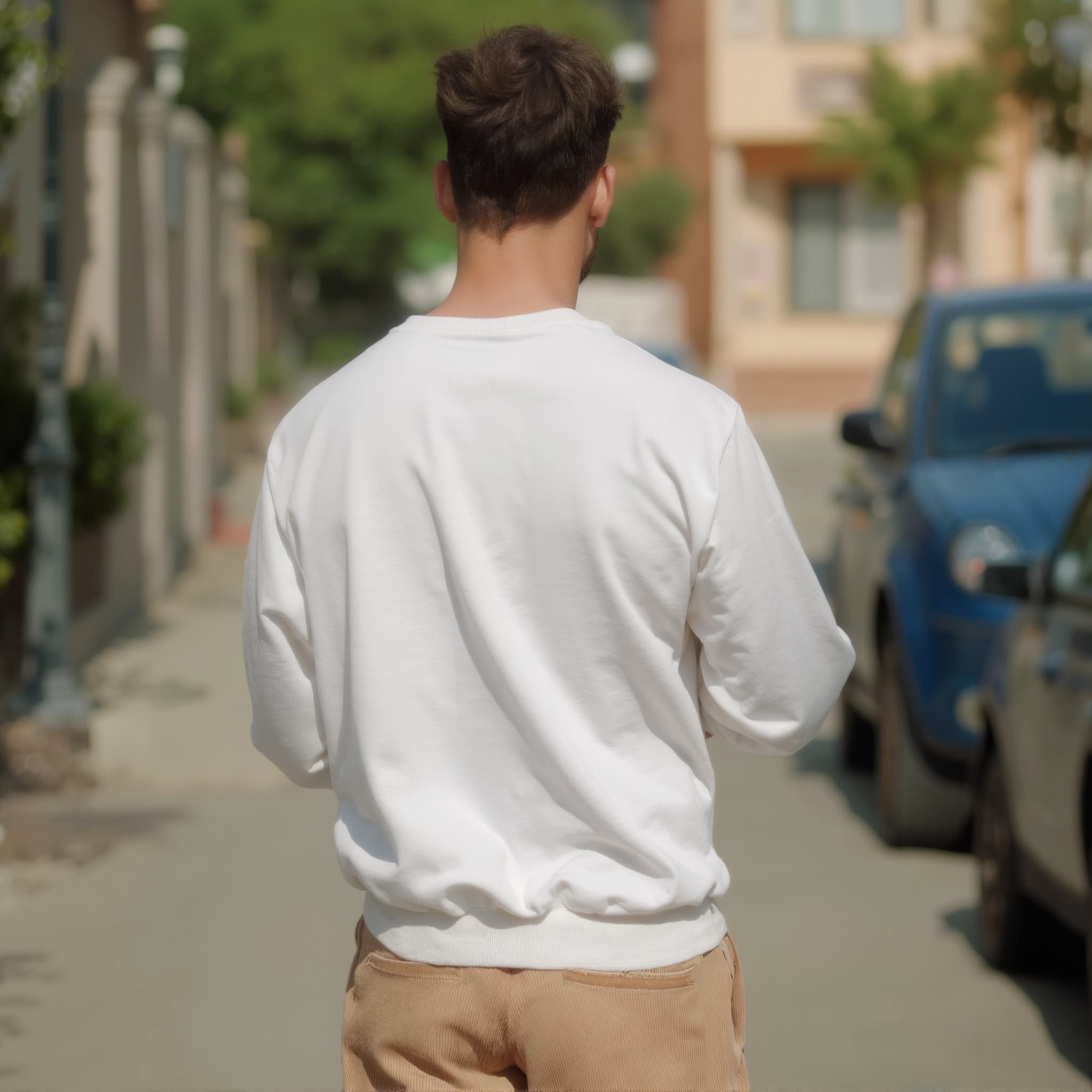 Back-View long sleeve sweatshirt mockup a man walks with short hair on a street