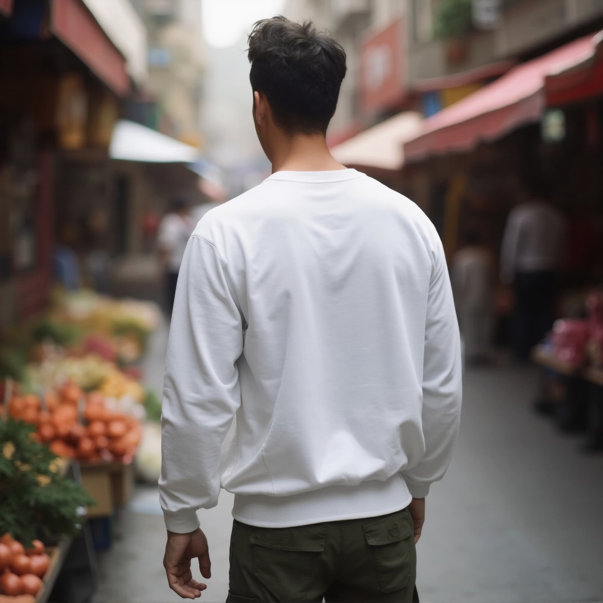 Back-View long sleeve sweatshirt mockup a man walks with tousled hair in a market