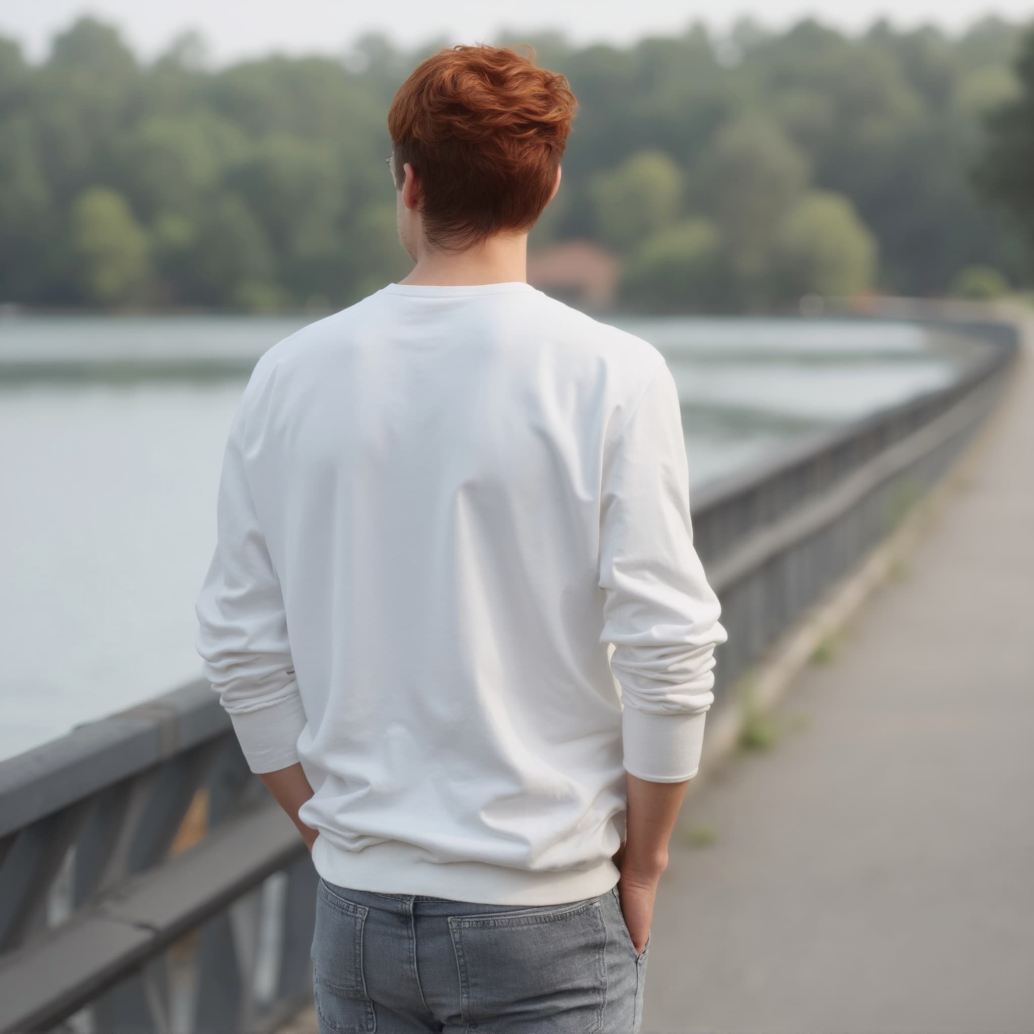 Back-View long sleeve sweatshirt mockup a person stands with hands in pockets by a river