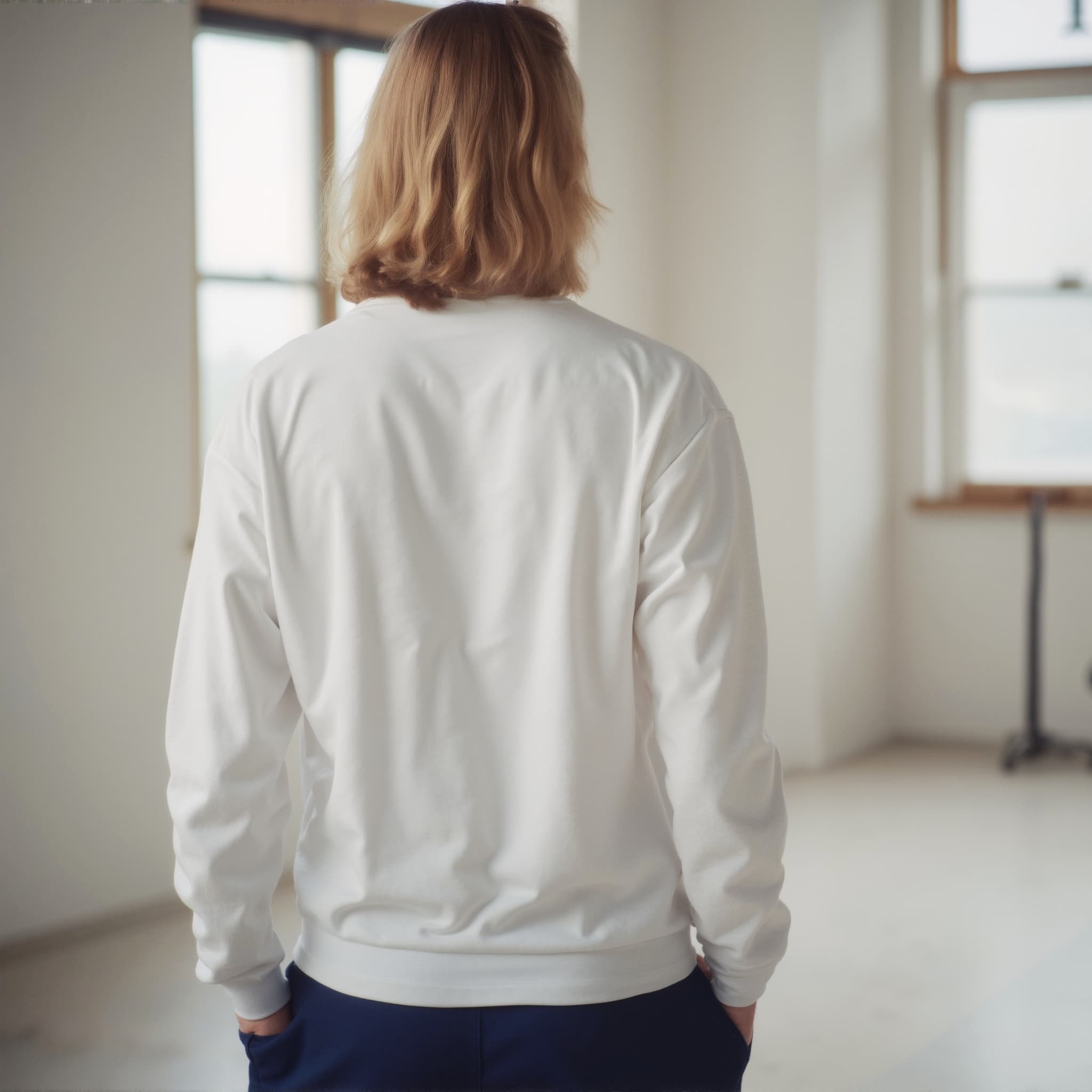 Back-View long sleeve sweatshirt mockup a person stands with hands in pockets in a bright room