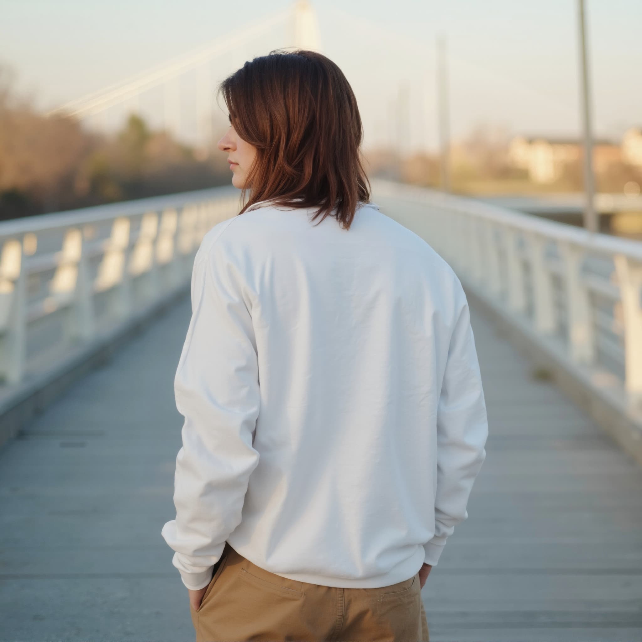 Back-View long sleeve sweatshirt mockup a person stands with hands in pockets on a bridge