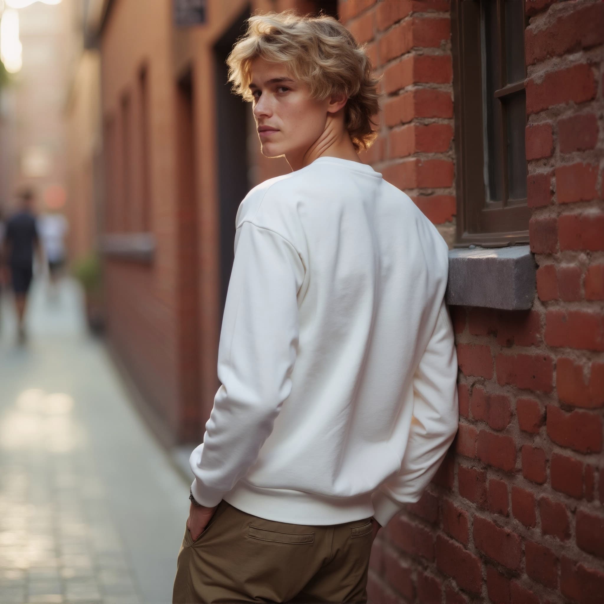 Back-View long sleeve sweatshirt mockup a young man looks back in an alley