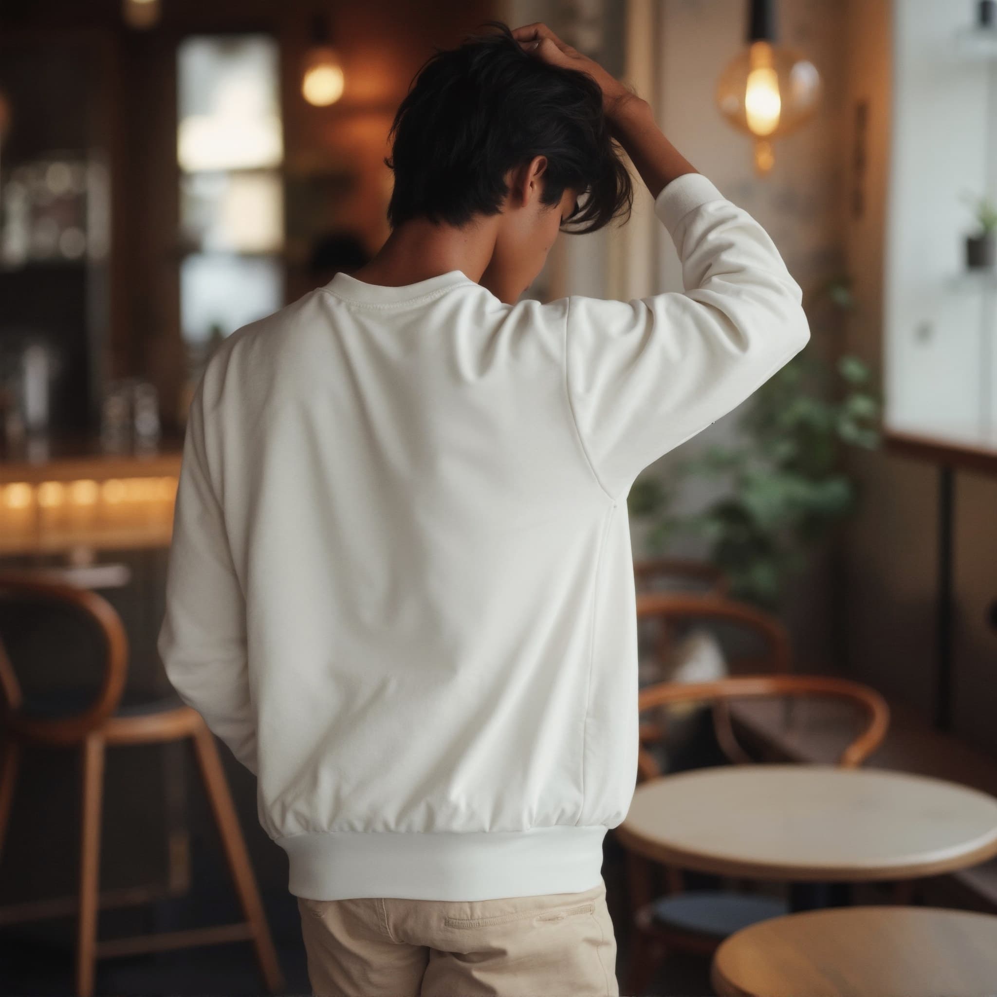 Back-View long sleeve sweatshirt mockup a young man scratches his head in a café