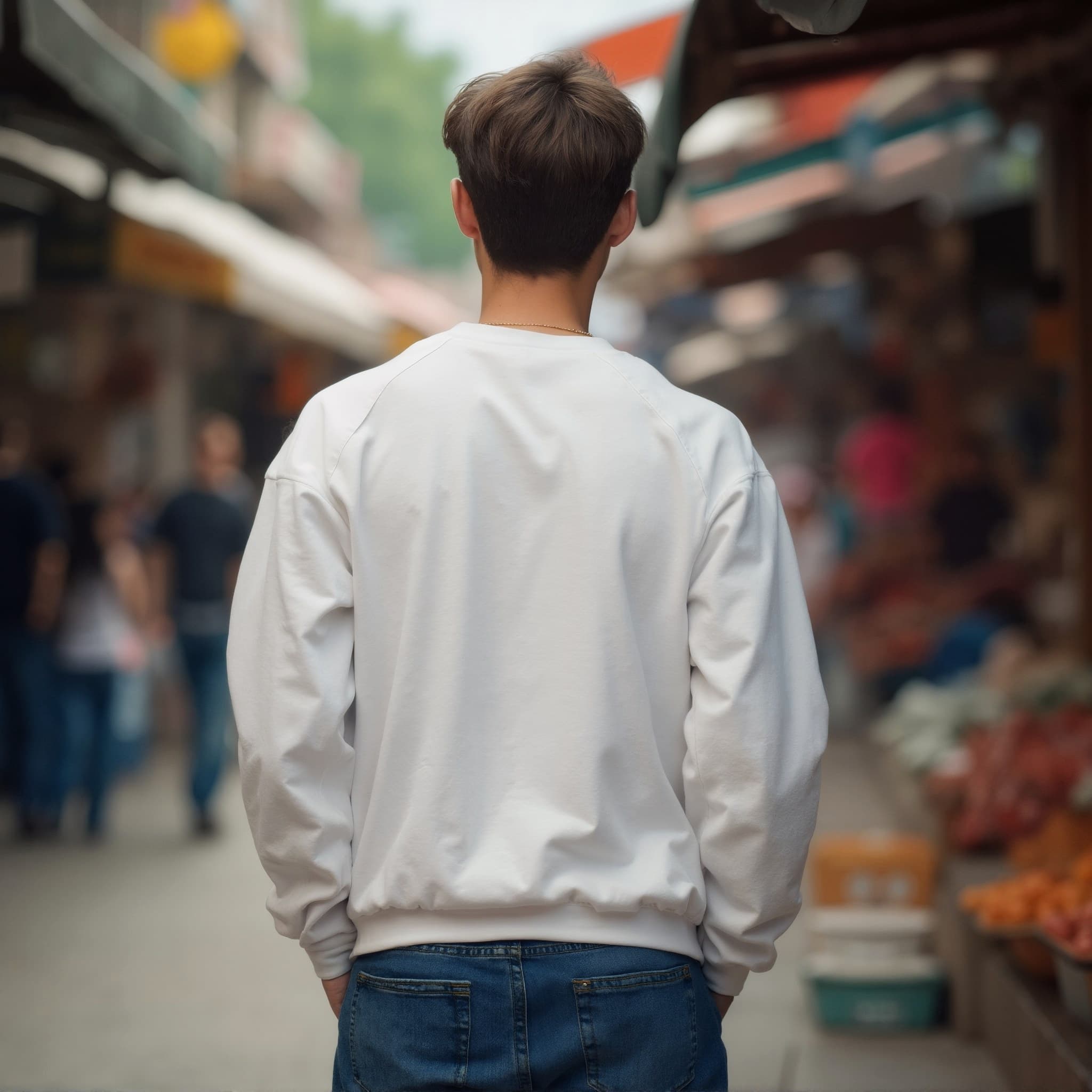 Back-View long sleeve sweatshirt mockup a young man stands with hands in pockets in a market