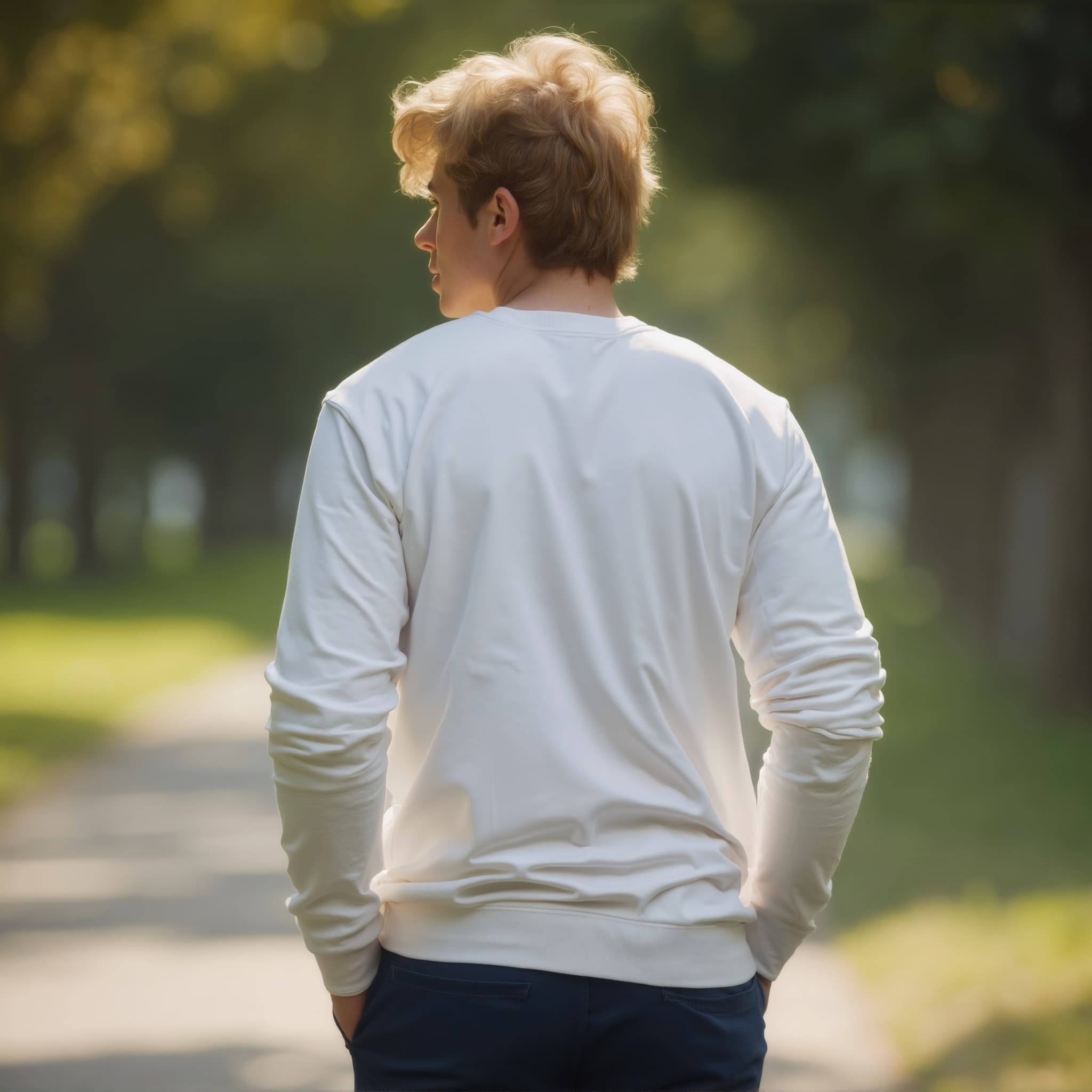 Back-View long sleeve sweatshirt mockup a young man stands with hands in pockets in a park