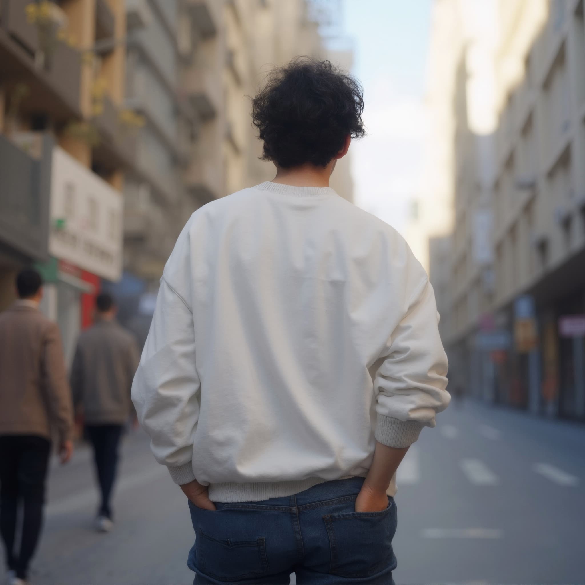 Back-View long sleeve sweatshirt mockup a young man walks with hands in pockets in a city street
