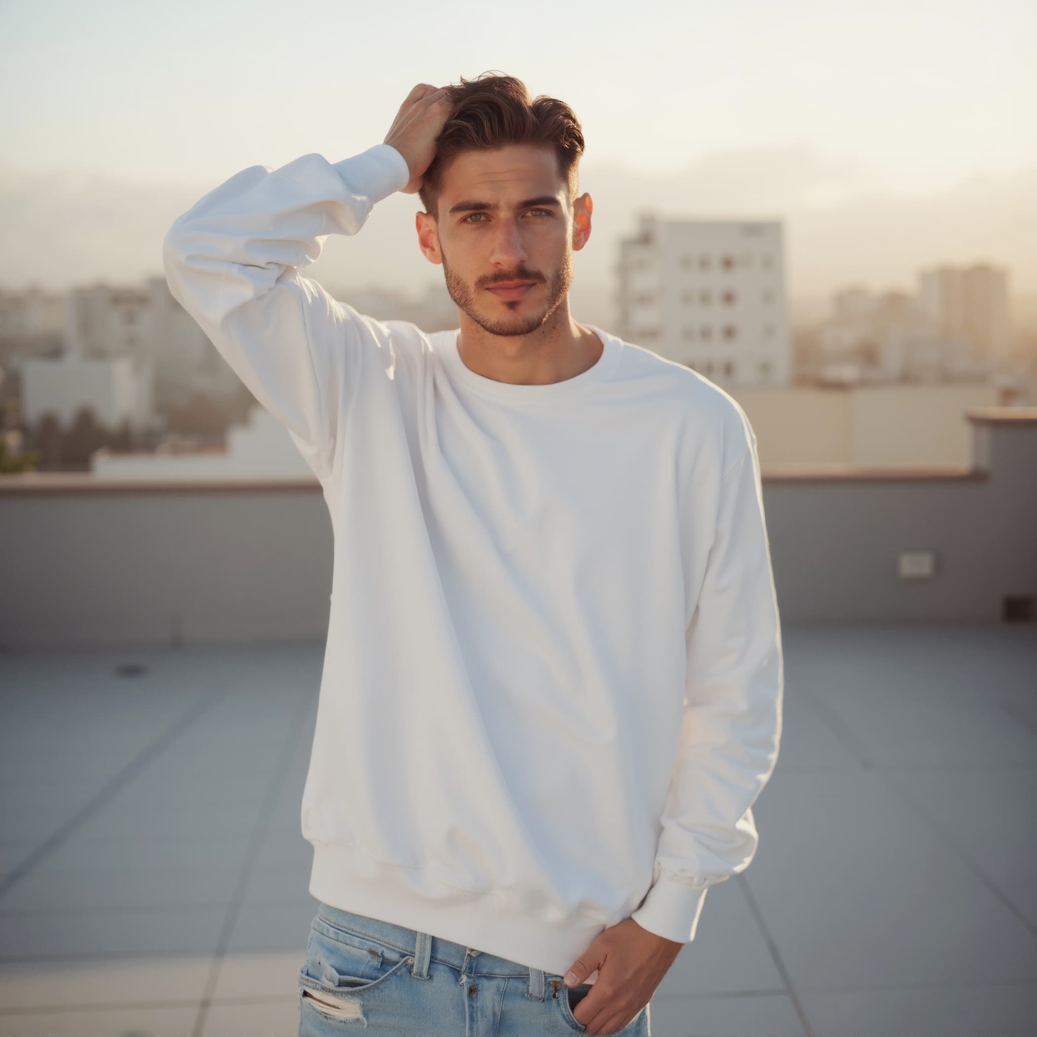 Long sleeve sweatshirt mockup a man brushes his hair on a rooftop