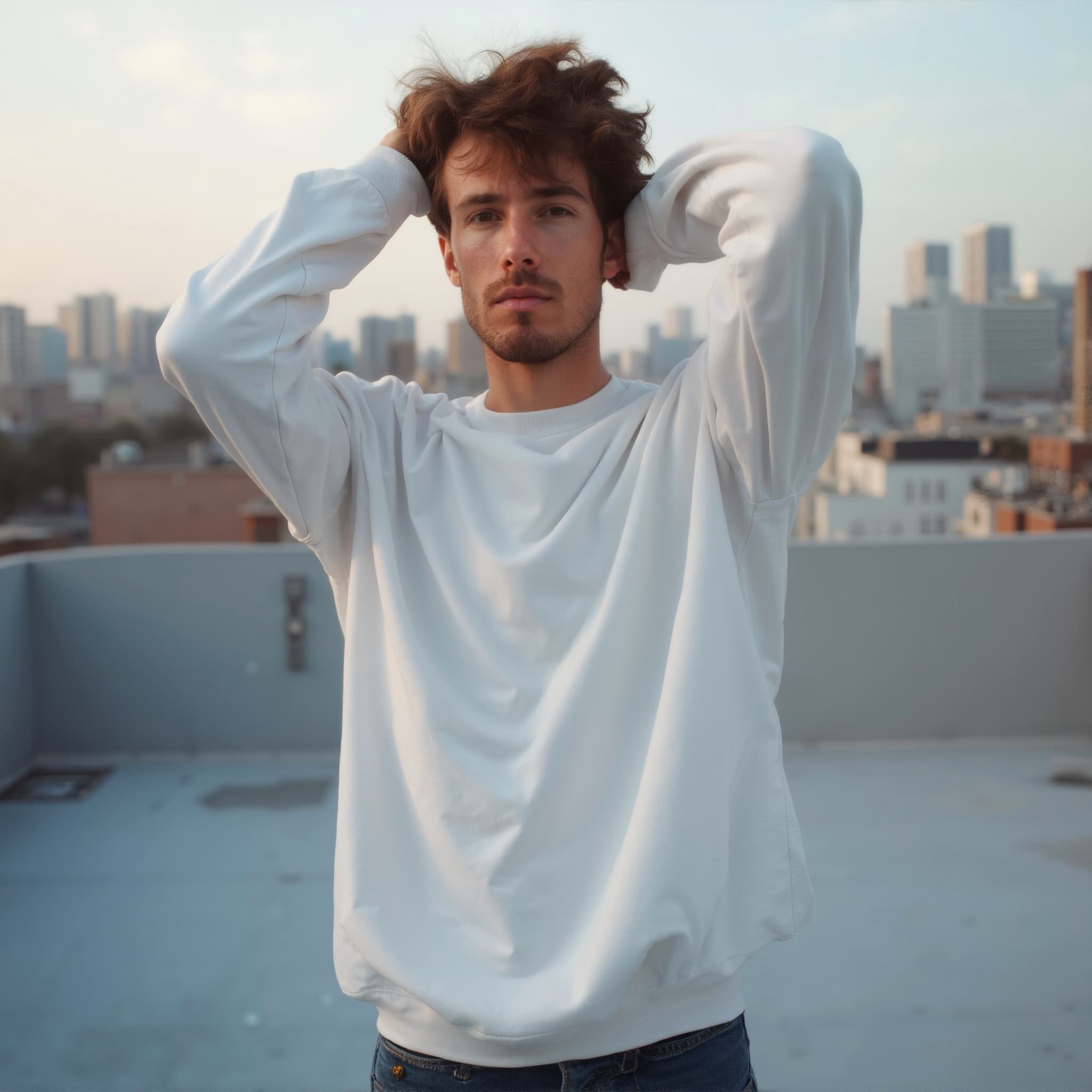 Long sleeve sweatshirt mockup a man holds his hair on a rooftop