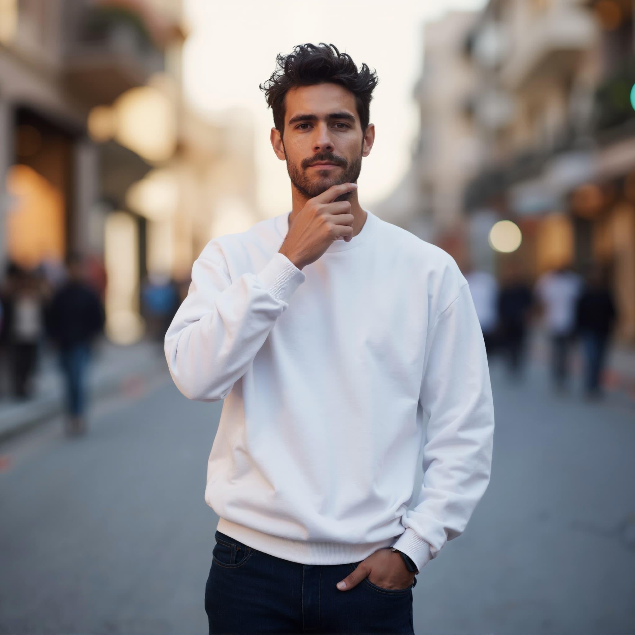 Long sleeve sweatshirt mockup a man ponders with tousled hair in a street scene