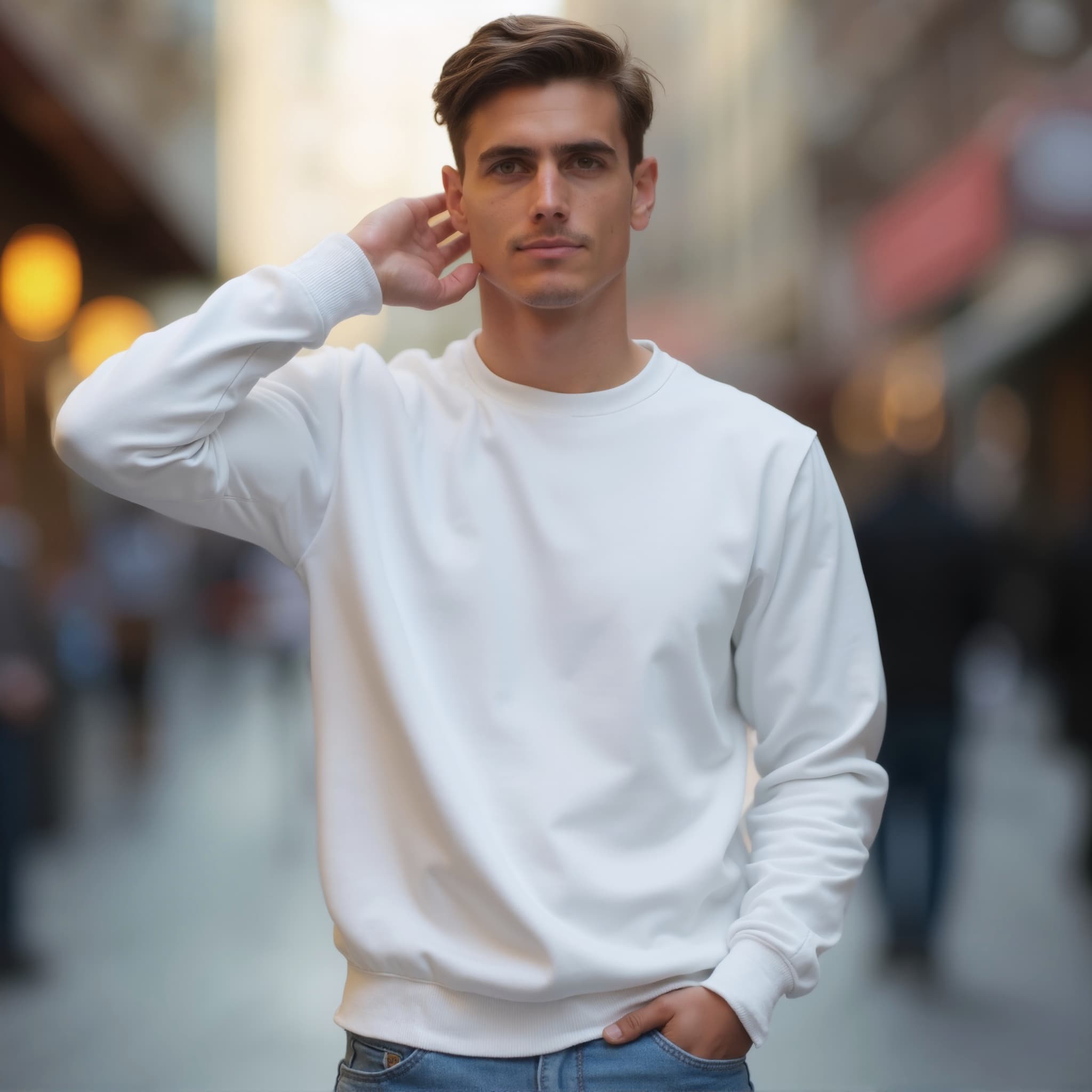 Long sleeve sweatshirt mockup a man scratches his neck in a city street