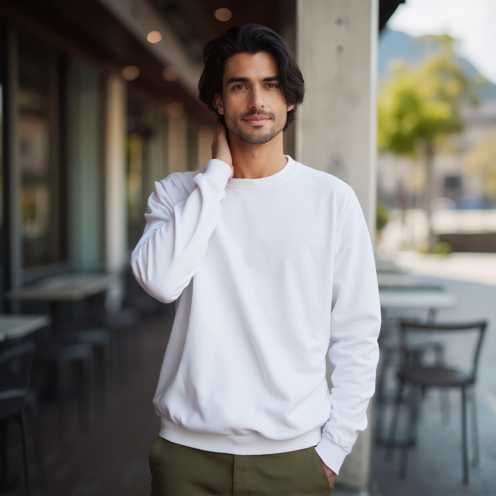 Long sleeve sweatshirt mockup a man smiles while touching his neck outdoors