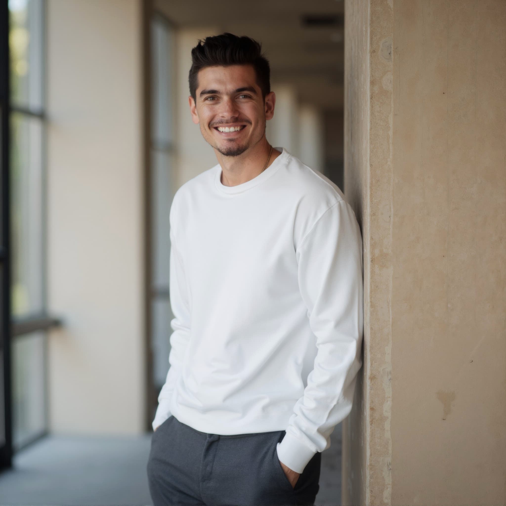 Long sleeve sweatshirt mockup a man smiles with arms crossed in hallway