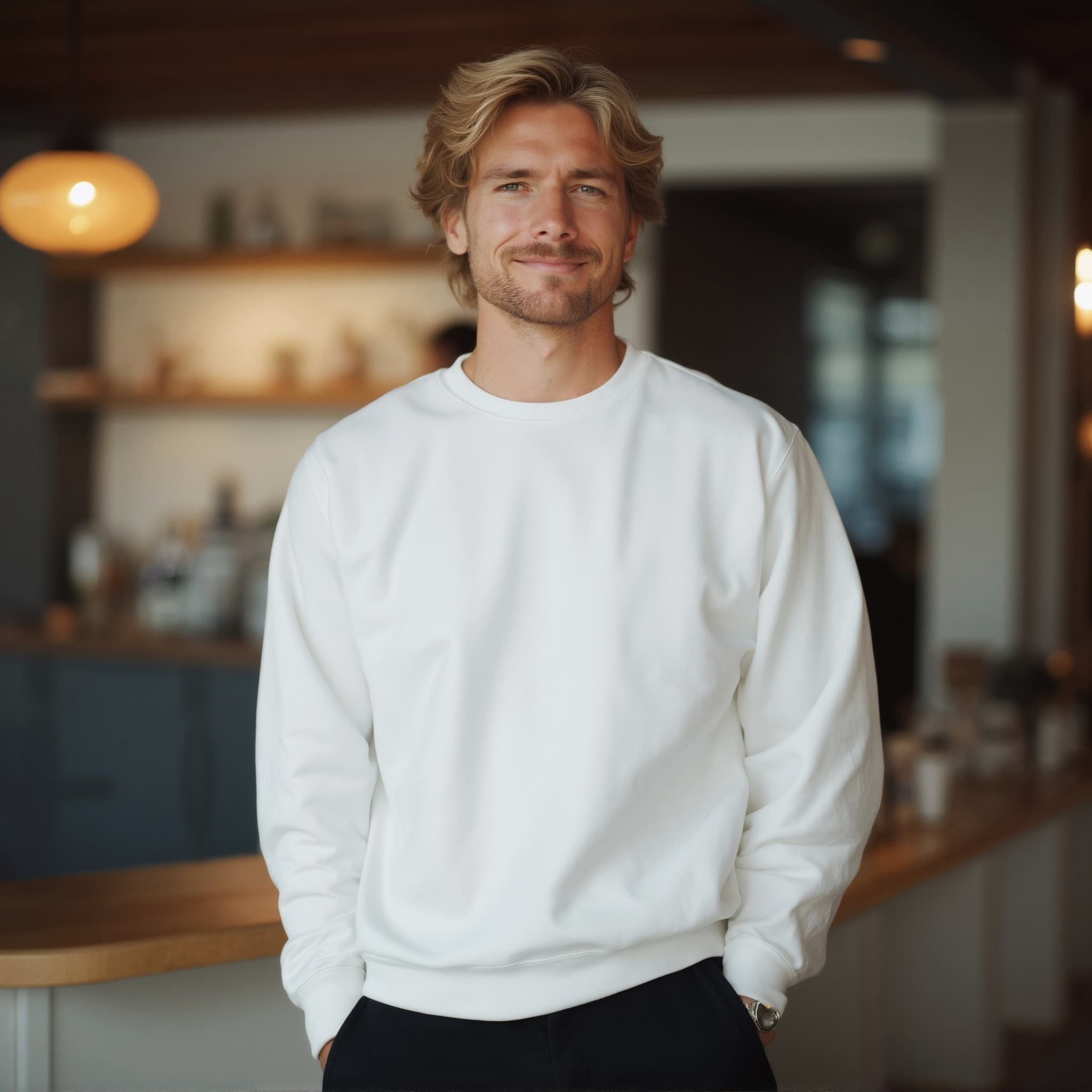 Long sleeve sweatshirt mockup a man smiles with hands in pockets coffee shop