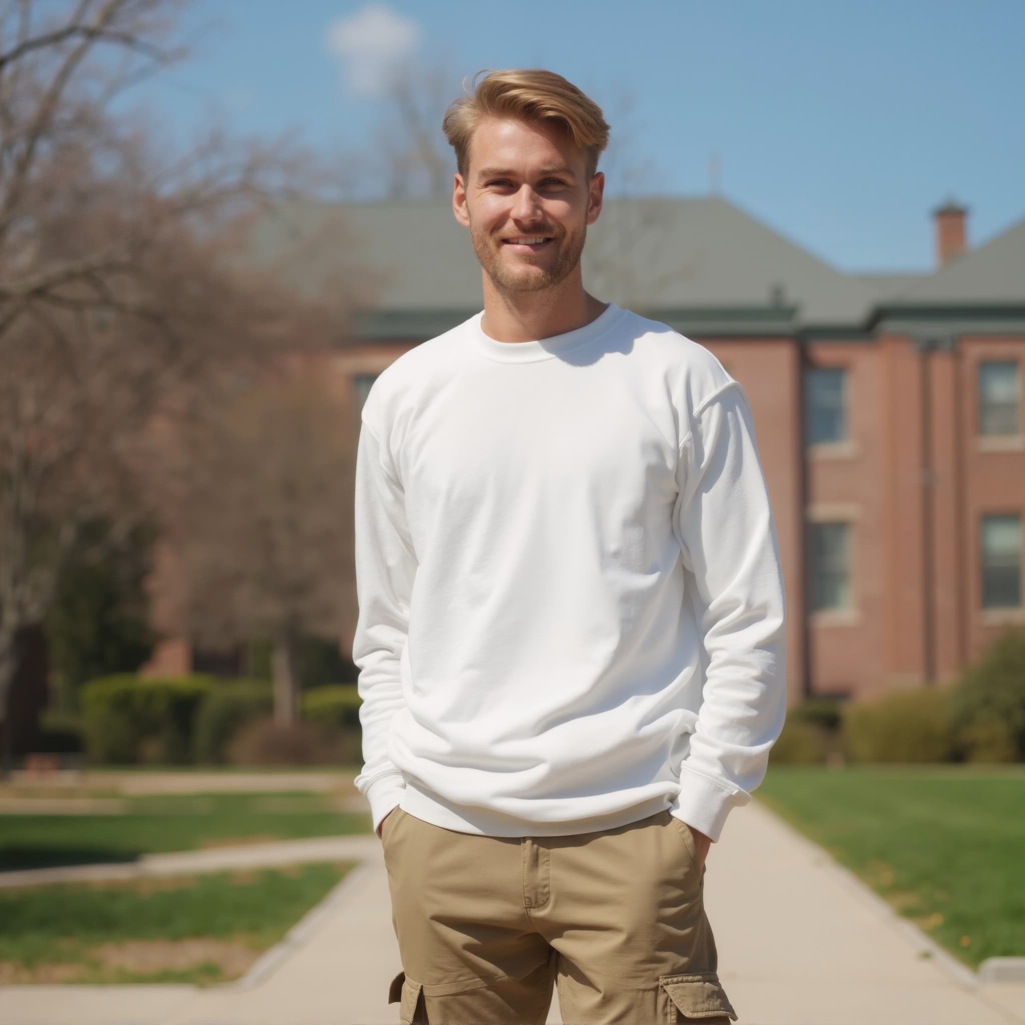 Long sleeve sweatshirt mockup a man smiles with hands in pockets on a campus