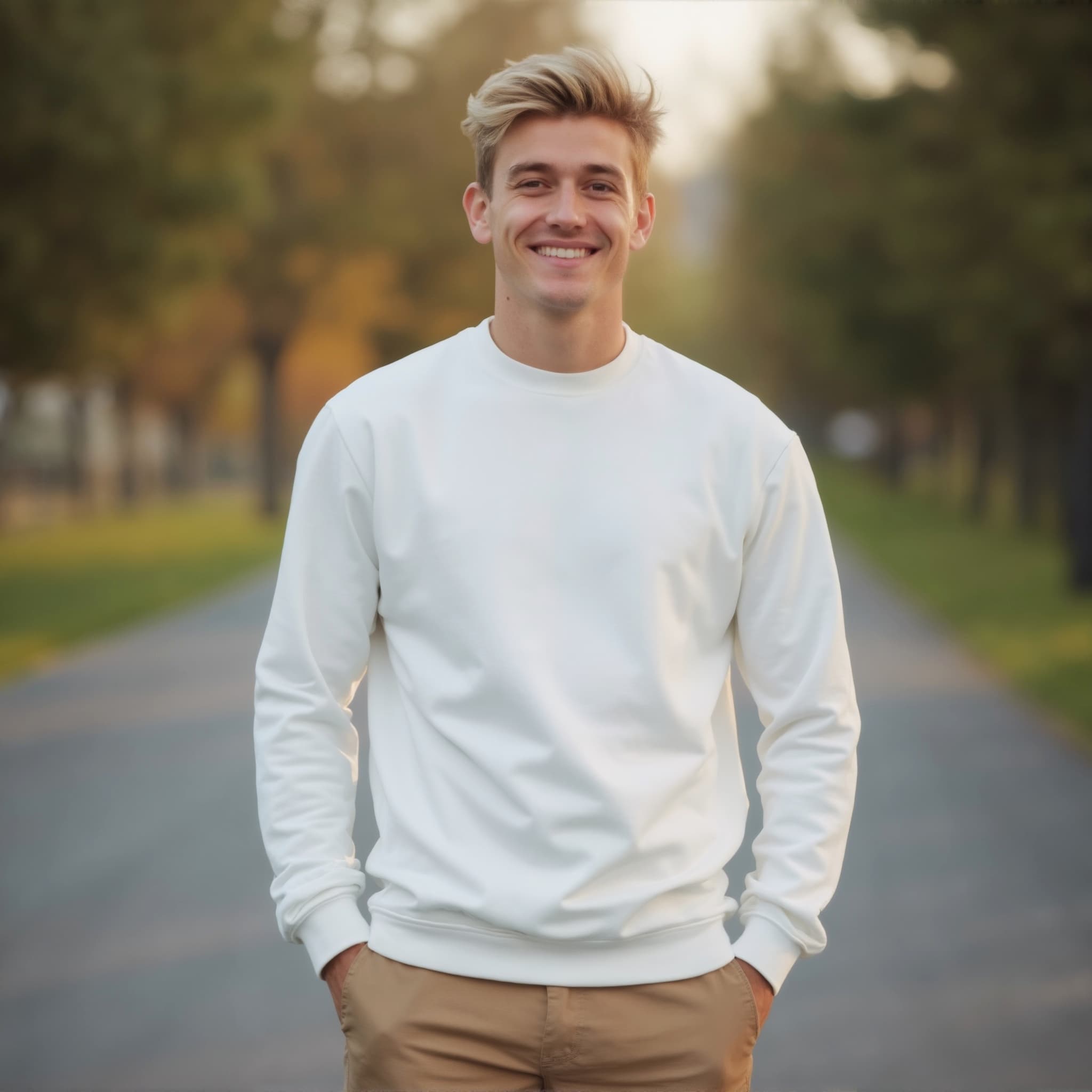 Long sleeve sweatshirt mockup a man smiles with hands in pockets on a path