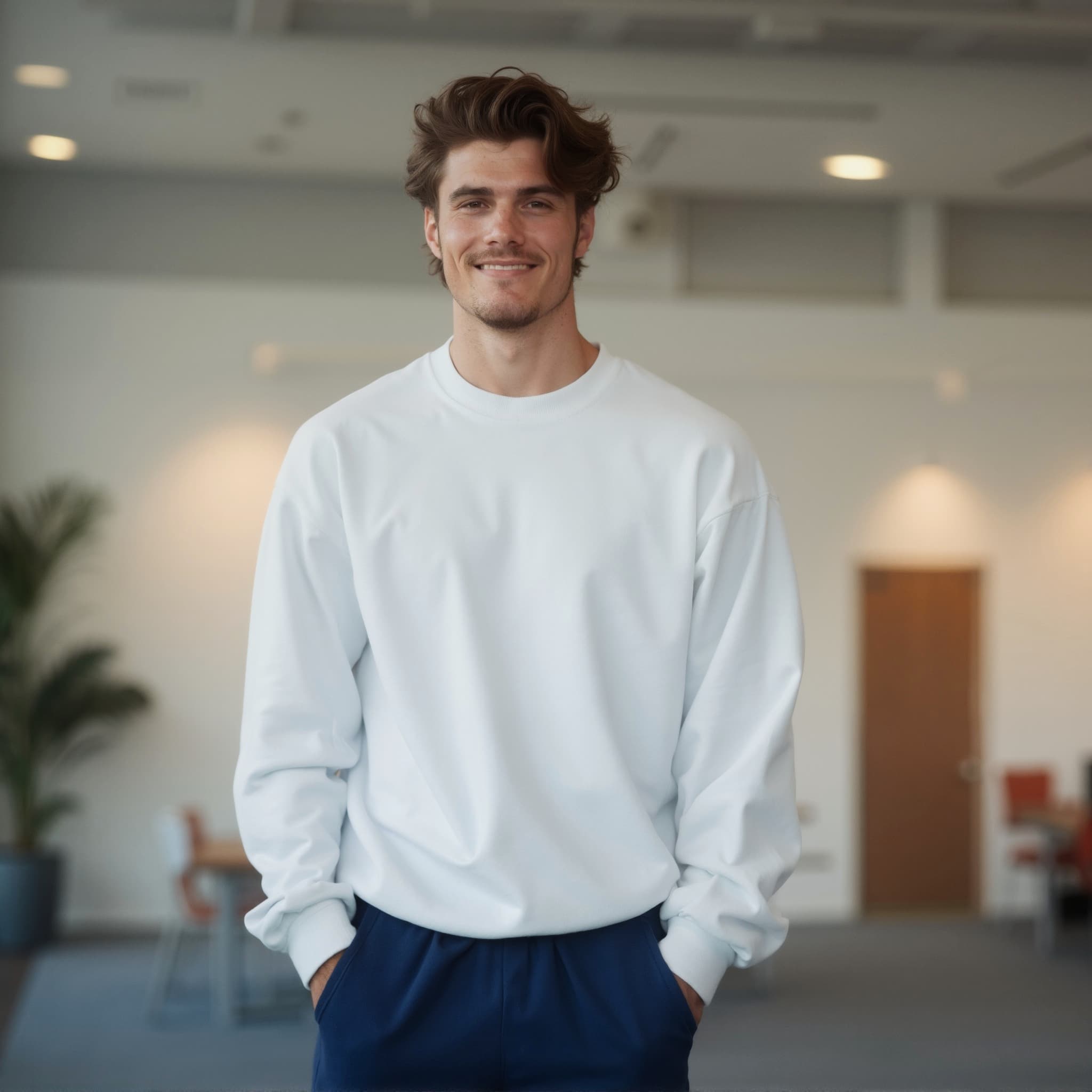 Long sleeve sweatshirt mockup a man smiles with his hands in pockets in a modern setting