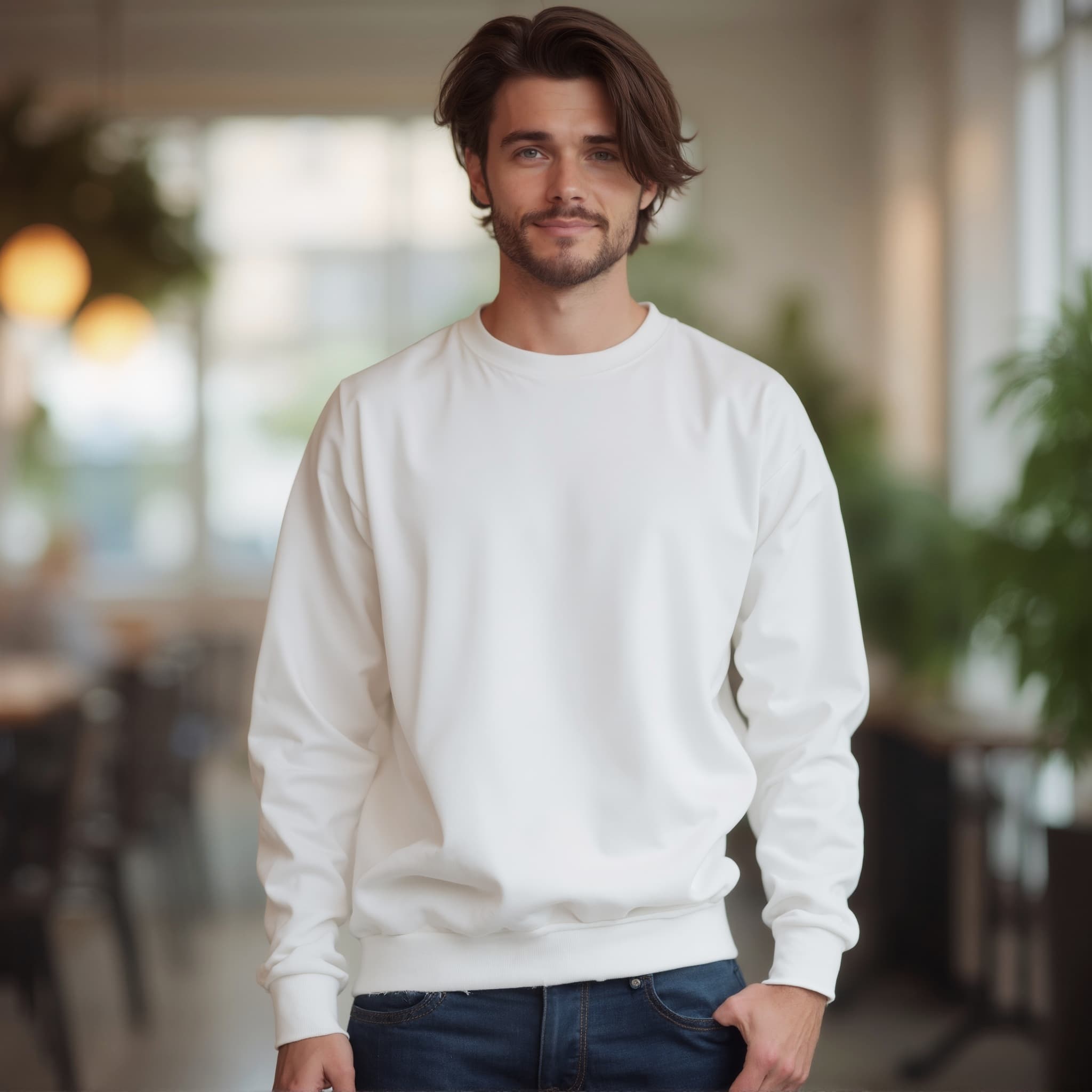Long sleeve sweatshirt mockup a man smiles with long hair in a café