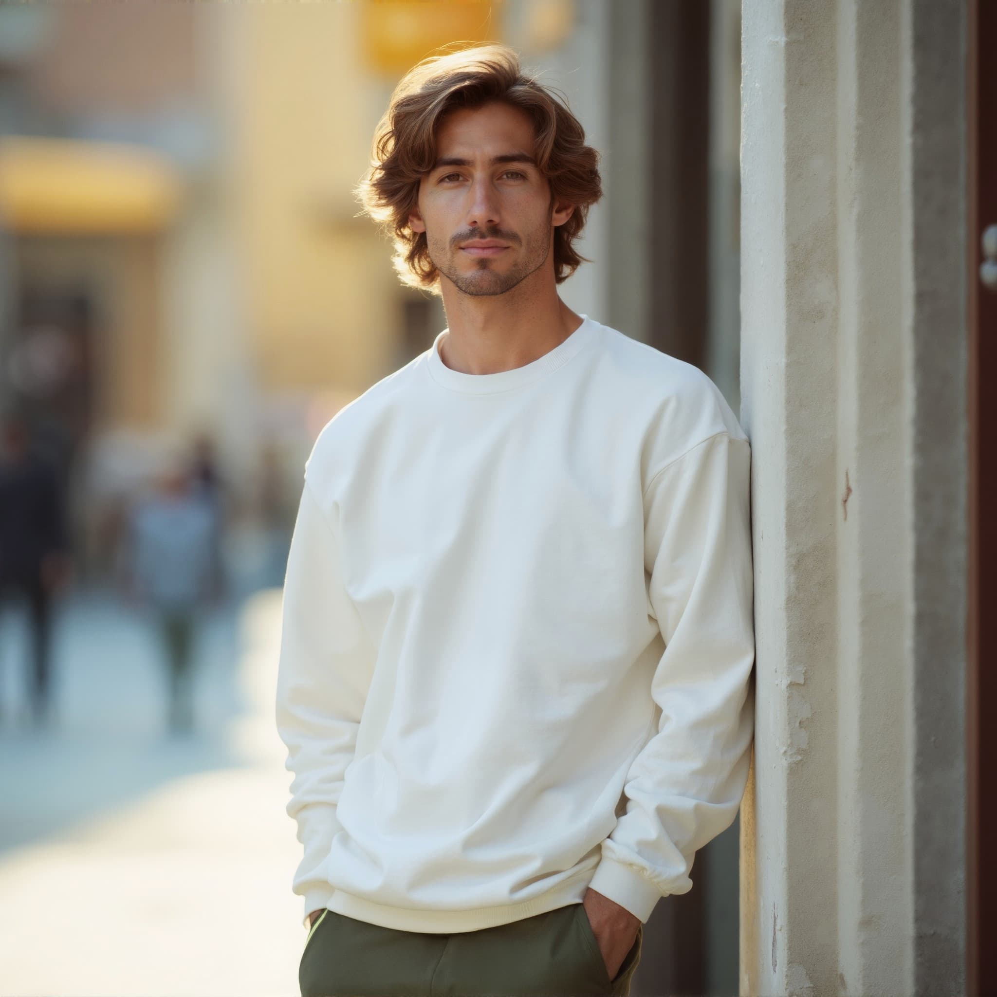 Long sleeve sweatshirt mockup a man stands against a wall casual street