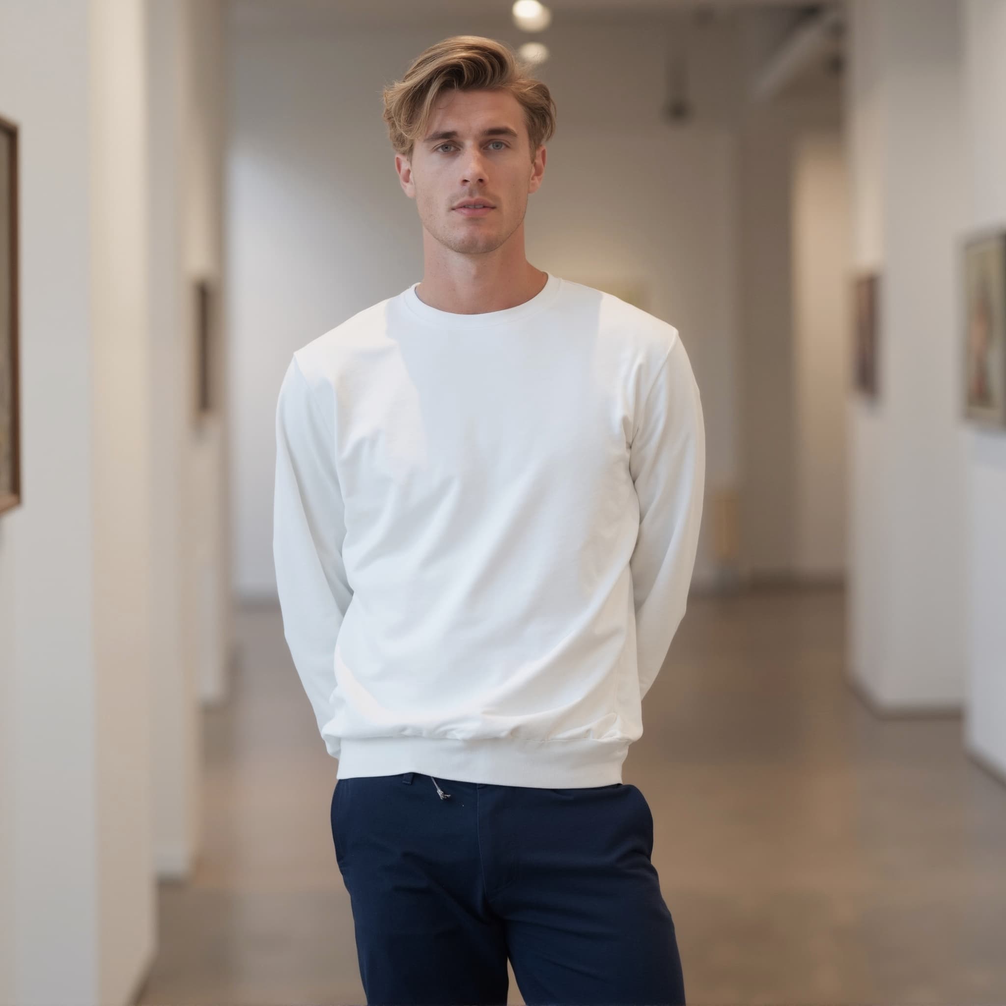 Long sleeve sweatshirt mockup a man stands with arms at sides in a gallery